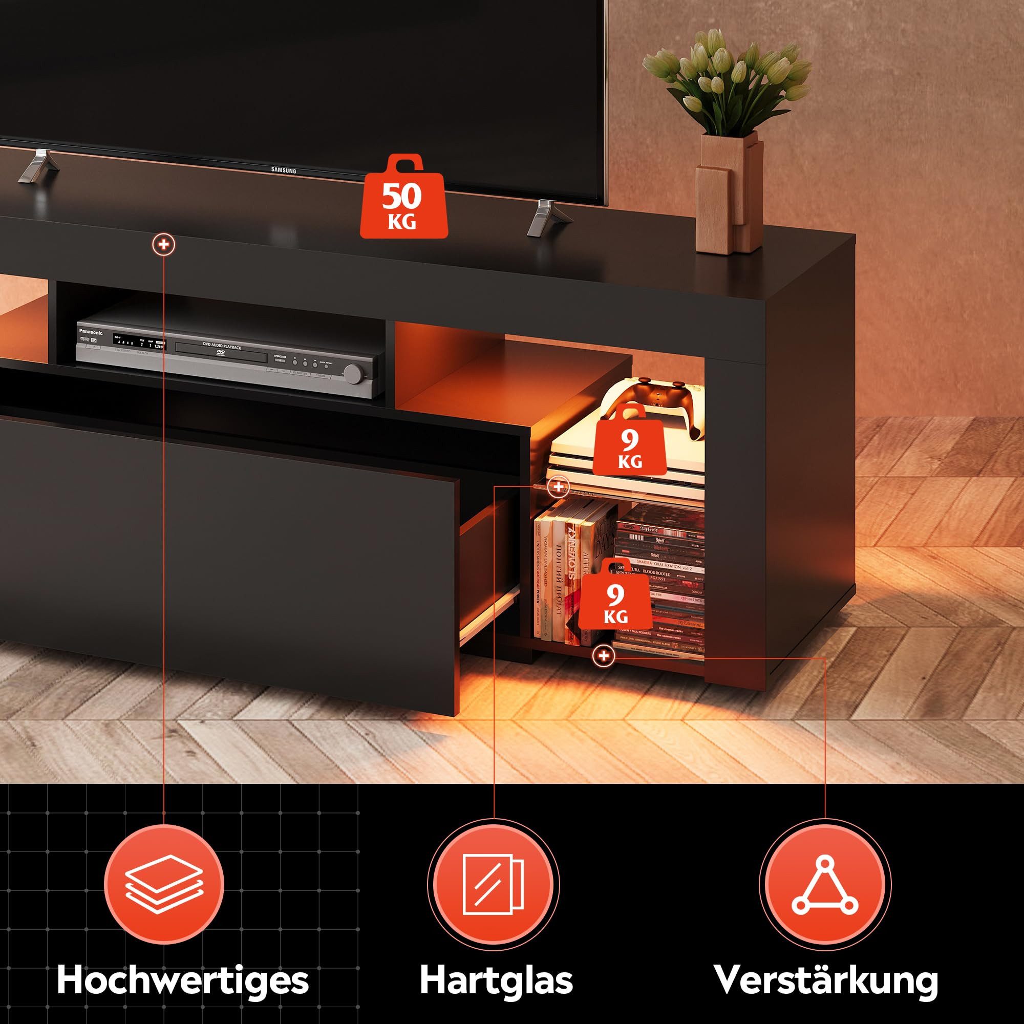 WLIVE Lowboard mit RGB-LED (20 Farben) Glasböden 135 x 45x 35cm (Fernsehtisch mit Schubladen für 50/55/60 Zoll Fernseher), Fernsehschrank für Wohnzimmer Schlafz – Bild 5 von 5