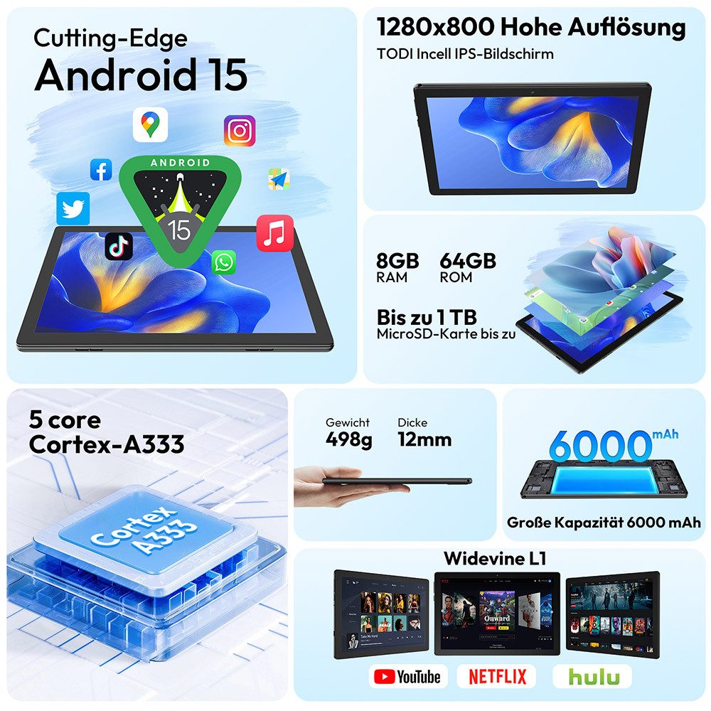 XGODY TAB N01 Tablet 10 Zoll, Android Tablet, 64GB ROM (TF 1TB), 5G WiFi Tablet (10.1", 64 GB, Android 15, 6000 mAh inkl. deutscher Bluetooth-Tastatur, Stift & Hülle – WiFi)