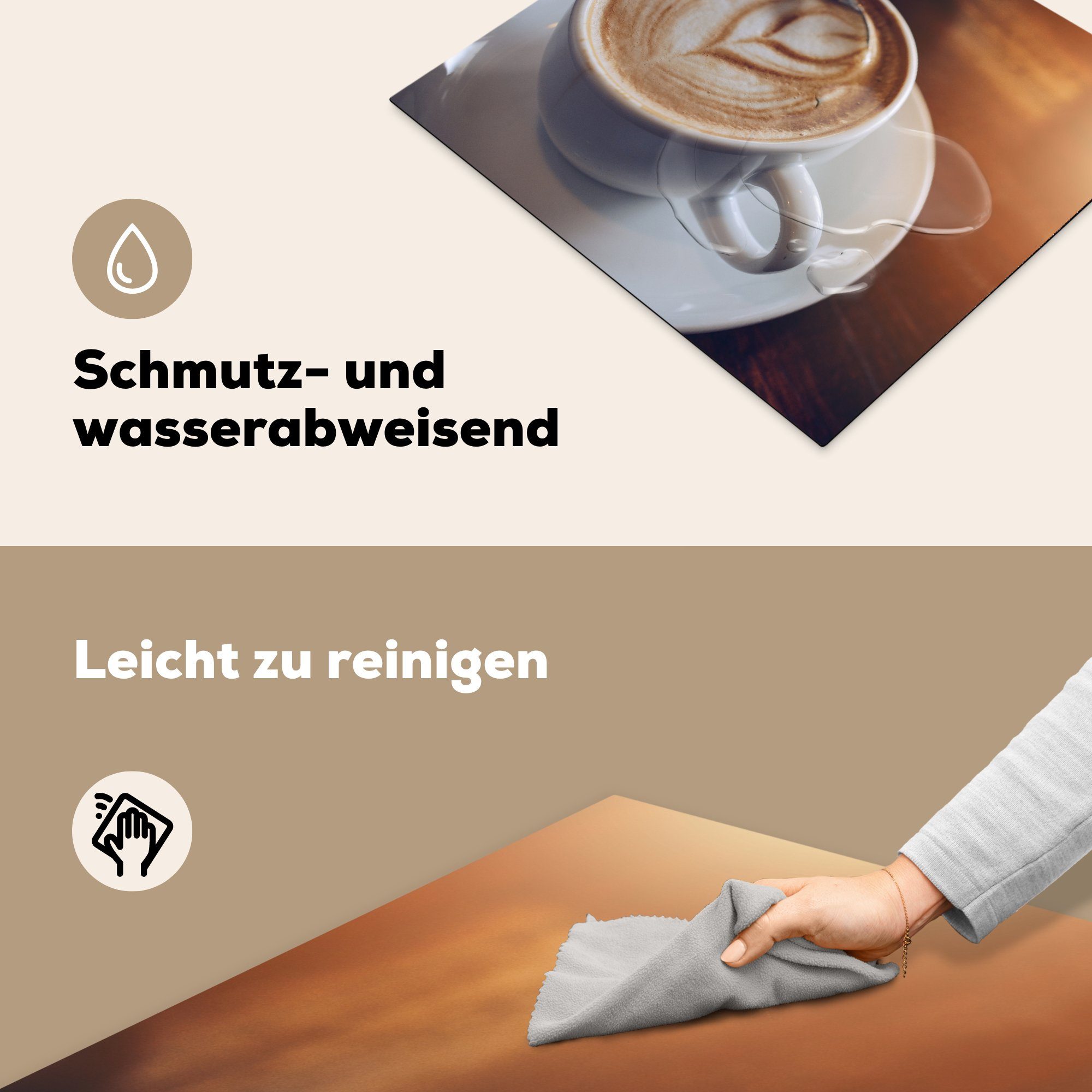 MuchoWow Herdblende-/Abdeckplatte Ein Löffel küche, Schaum Tasse tlg), die (1 59x52 Induktionsmatte für rührt einer den durch Vinyl, Ceranfeldabdeckung Kaffee, cm