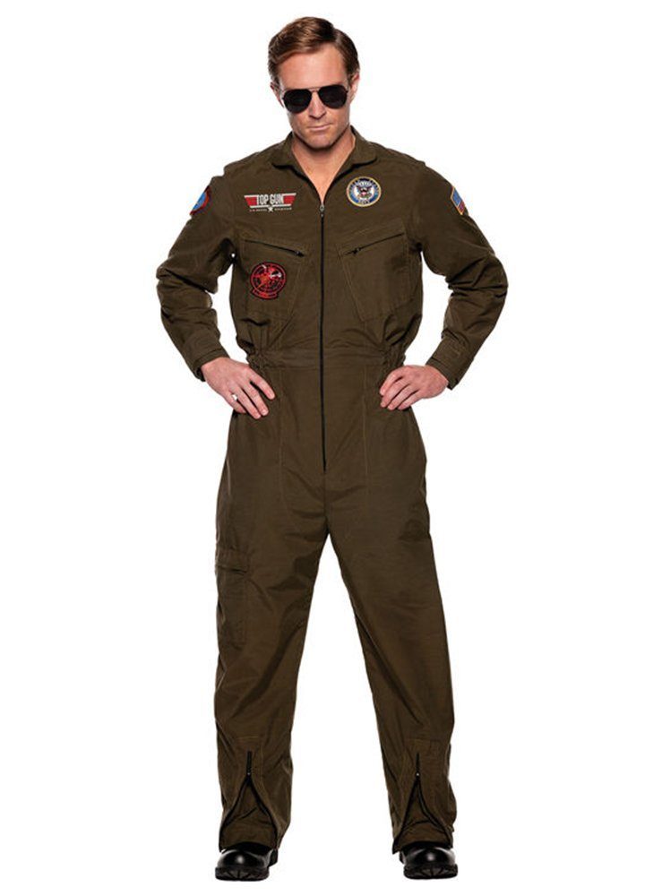 Underwraps Kostüm Top Gun Kampfpilot Karneval Faschingskostüm Herren, Lizenzierter Navy Flieger-Overall mit Reißverschlüssen und Aufnähern