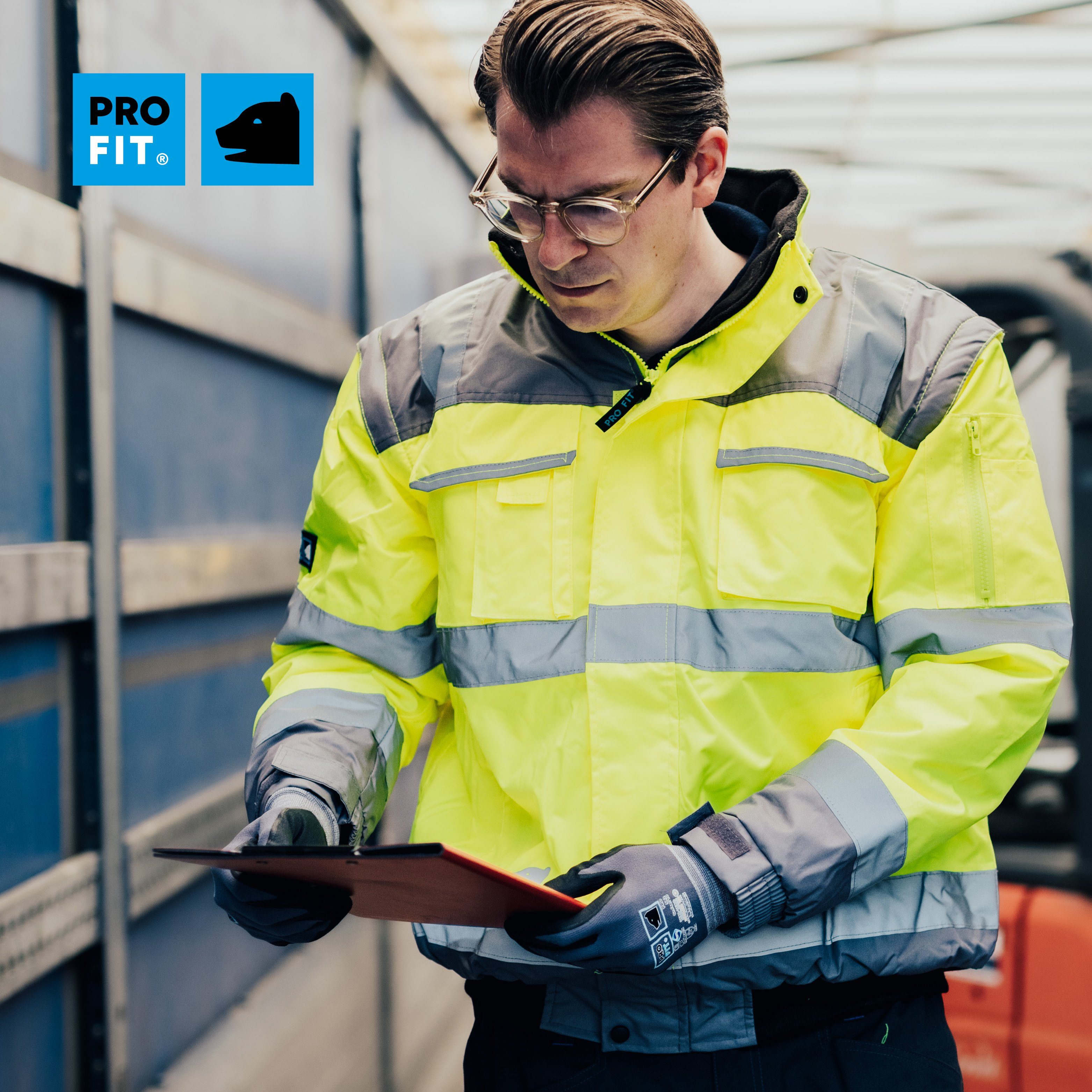 PRO FIT by Fitzner work jacket, high-visibility pilot jacket, breathable, unisex, neon yellow/grey (1 pc), wind and water resistant, detachable sleeves, reflective stripes