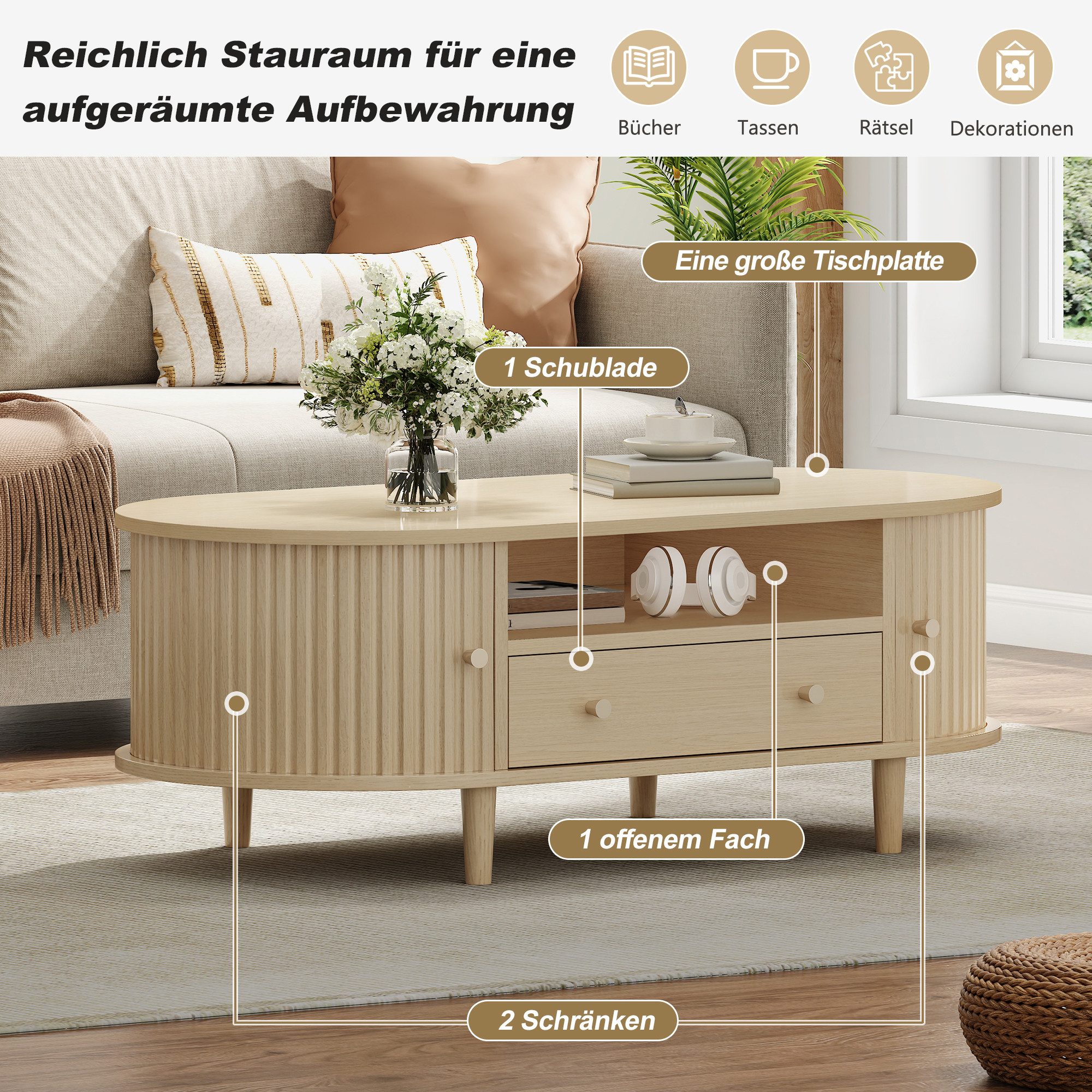 Merax Couchtisch Ovaler Kaffeetisch Sofatisch Beistelltisch (1-St), Wohnzimmertisch mit Schublade,Rolltüren & offenem Stauraum,100x50x36cm – Bild 4 von 5