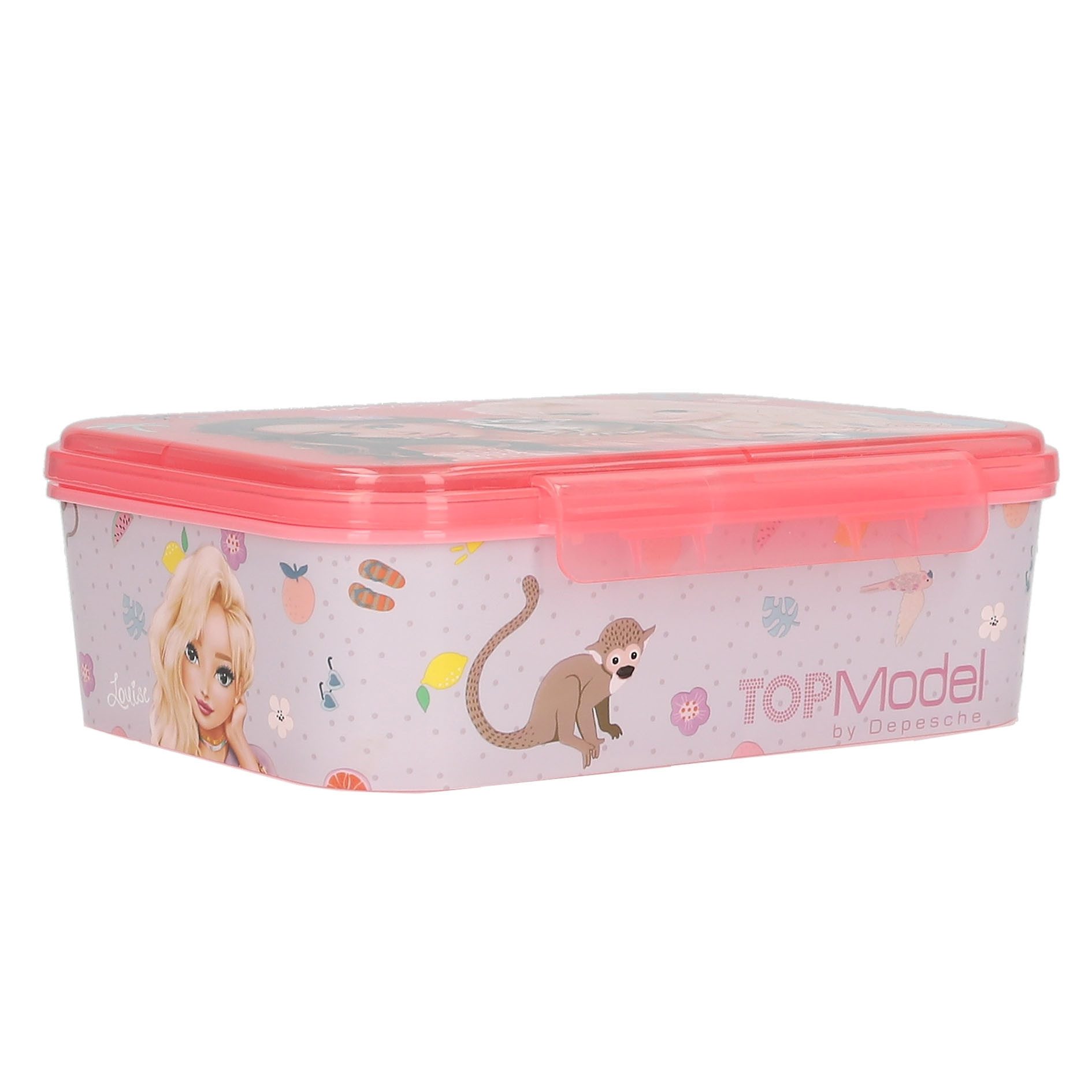 Depesche Schmuckset Brotdose mit Model Motiv und Blumen, 3 Fächer, Klappdeckel, Grün und Rosa, Lunchbox für unterwegs