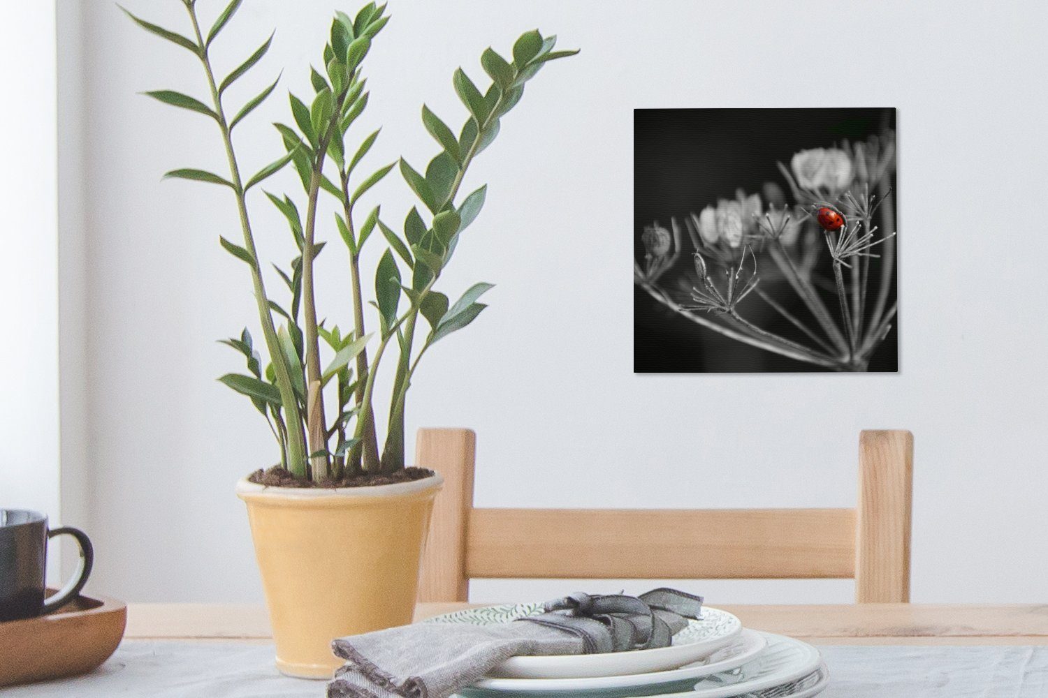 Schwarz-Weiß-Foto roten einer St), Bilder (1 auf für Pflanze, Leinwandbild Schlafzimmer Marienkäfers eines OneMillionCanvasses® Leinwand Wohnzimmer