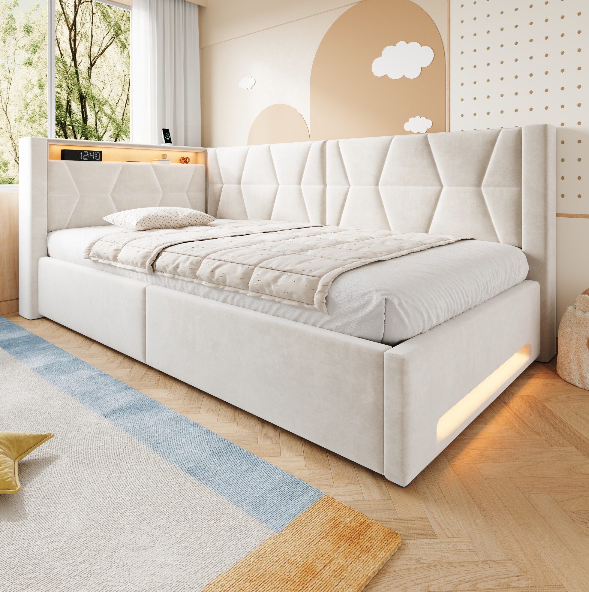 MODFU Schlafsofa Polsterbett mit integriertem Stauraum, Funktionsbett, Kinderbett 90x200 cm, Kopf- und FuBteil LED, Ladeanschlissen, Lattenrost und Bettkasten, Daybett Tagesbett, ohne Matratze