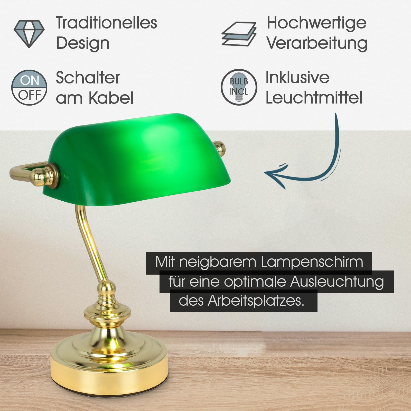bmf-versand Tischleuchte Schreibtischlampe Retro Bankerlampe Grün günstig online kaufen