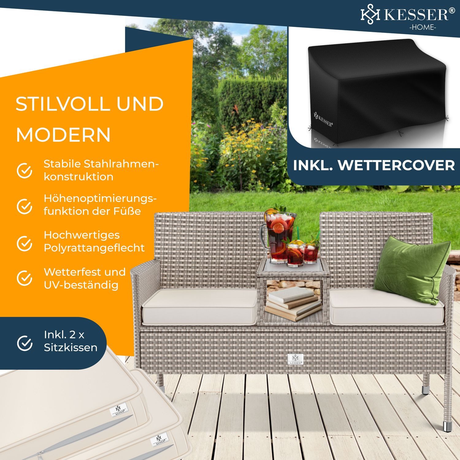 KESSER Gartenbank, Polyrattan Gartenbank 2-Sitzer Bank günstig online kaufen
