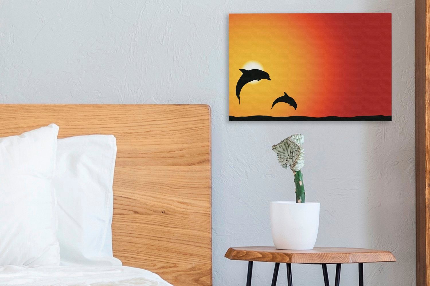 Wandbild Sonnenuntergang, - St), - 30x20 Delfine Aufhängefertig, (1 cm OneMillionCanvasses® Wanddeko, Silhouette Leinwandbild Leinwandbilder,