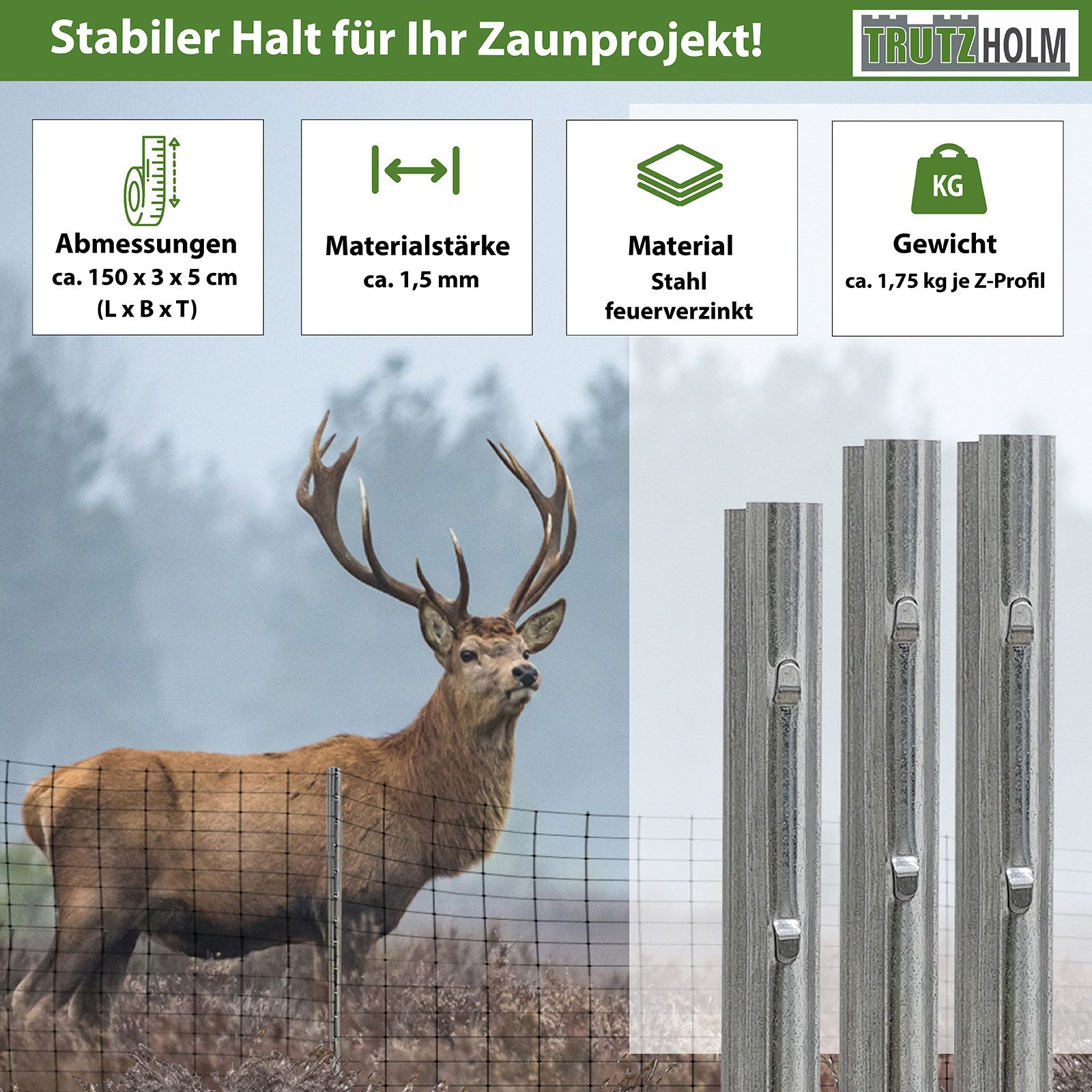 TRUTZHOLM Zaunpfosten Z-Profil 150cm feuerverzinkt 10xZaunpfähle 1,5mm Stär günstig online kaufen