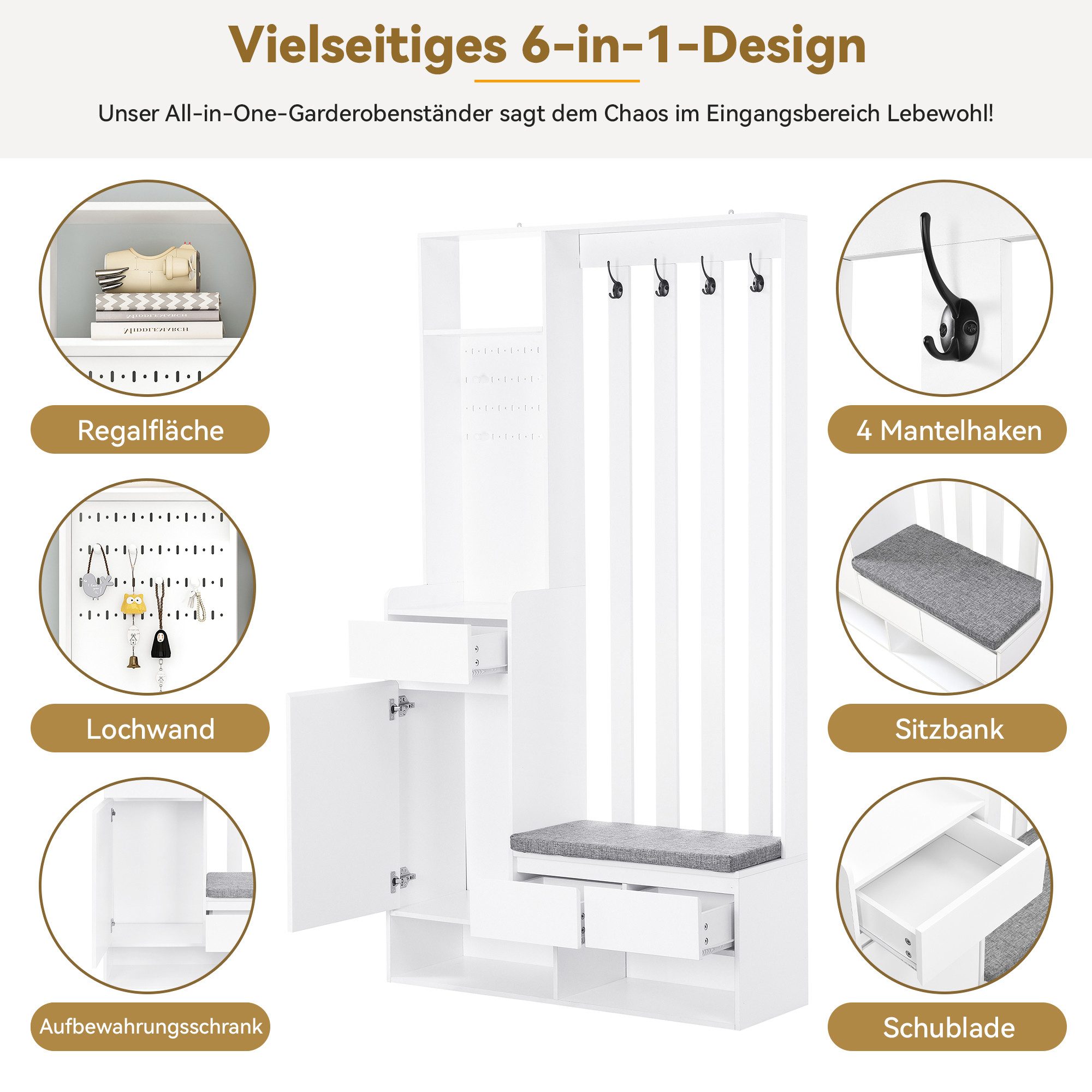 Flieks Garderobenständer, (1 St., H180/B100/T35 cm), Garderoben-Set mit gepolsterter Schuhbank Schuhschrank mit Stecktafel