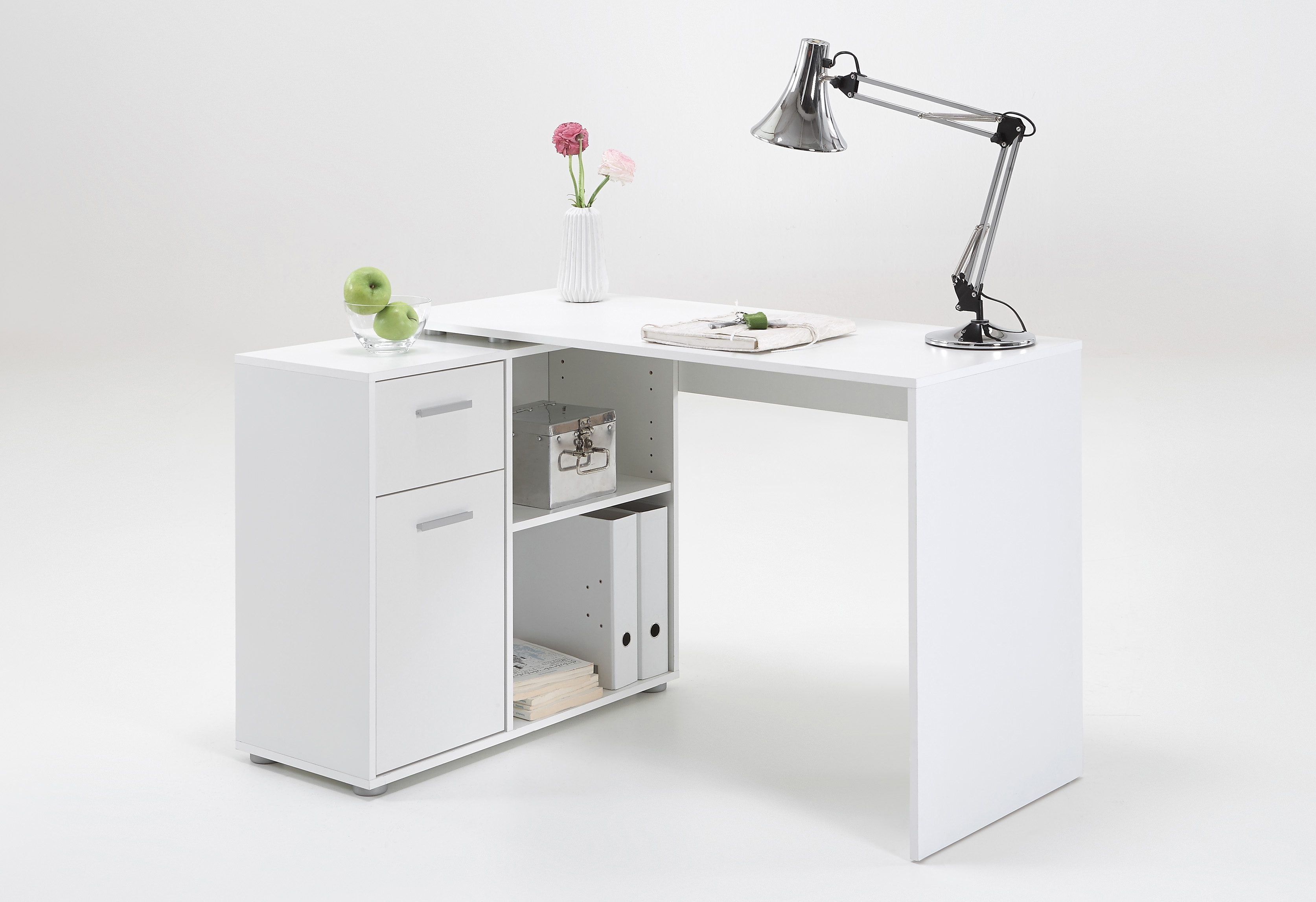 FMD Eckschreibtisch AUGSBURG, Schreibtisch / Sideboard mit Stauraum, drehbar, Breite 117/148 cm weiß