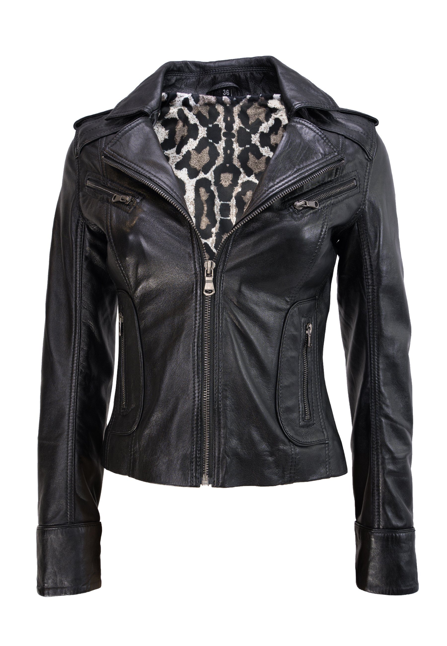 Lolus Lederjacke Mariah schwarz Kurze Damen Biker Lederjacke mit Reverskragen