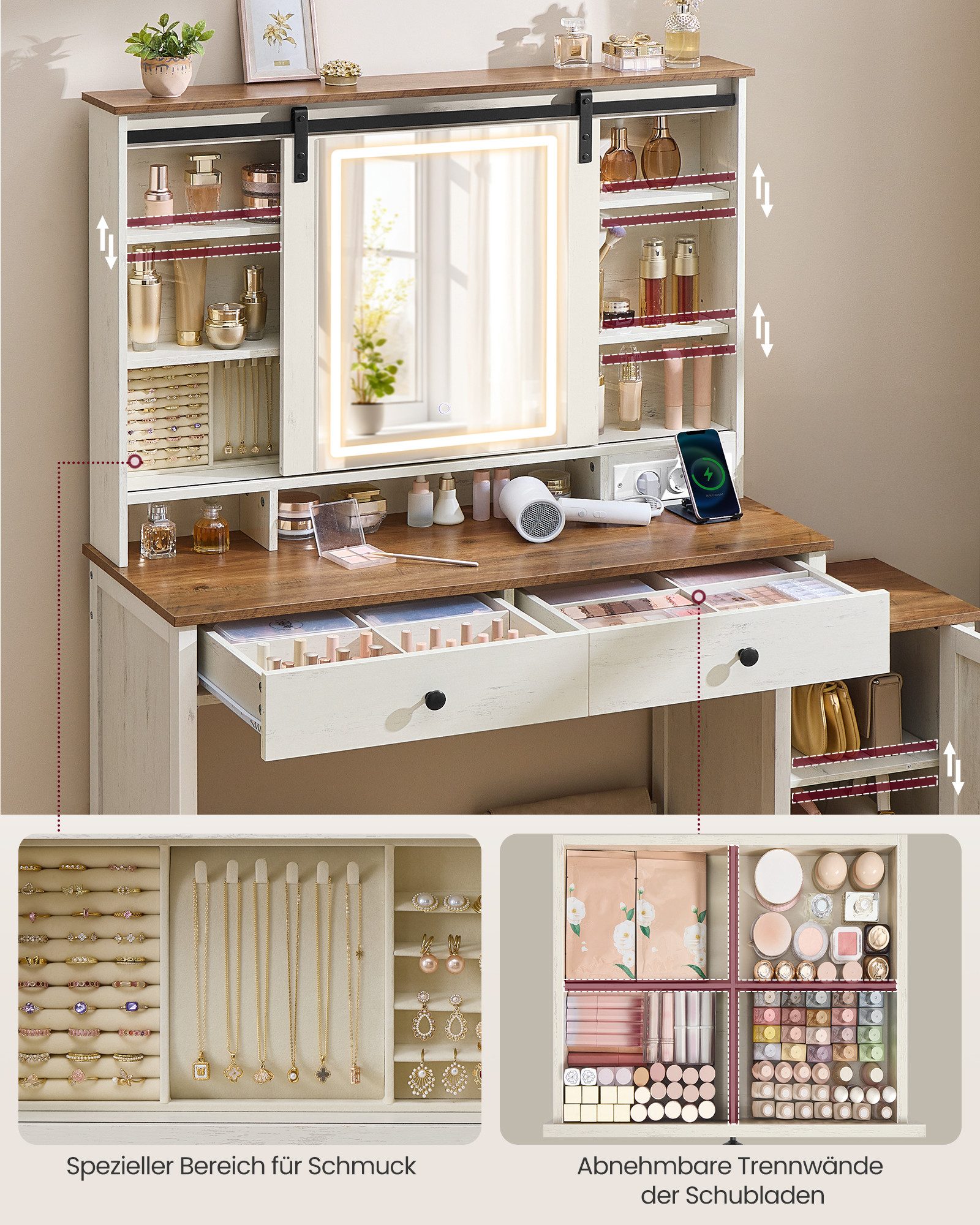 VASAGLE Schminktisch Frisiertisch mit Spiegel und Beleuchtung, 2 Schubladen (Tisch mit Hocker), im Landhausstil mit Hocker, Ladestation, Schmuckaufbewahrung – Bild 4 von 5
