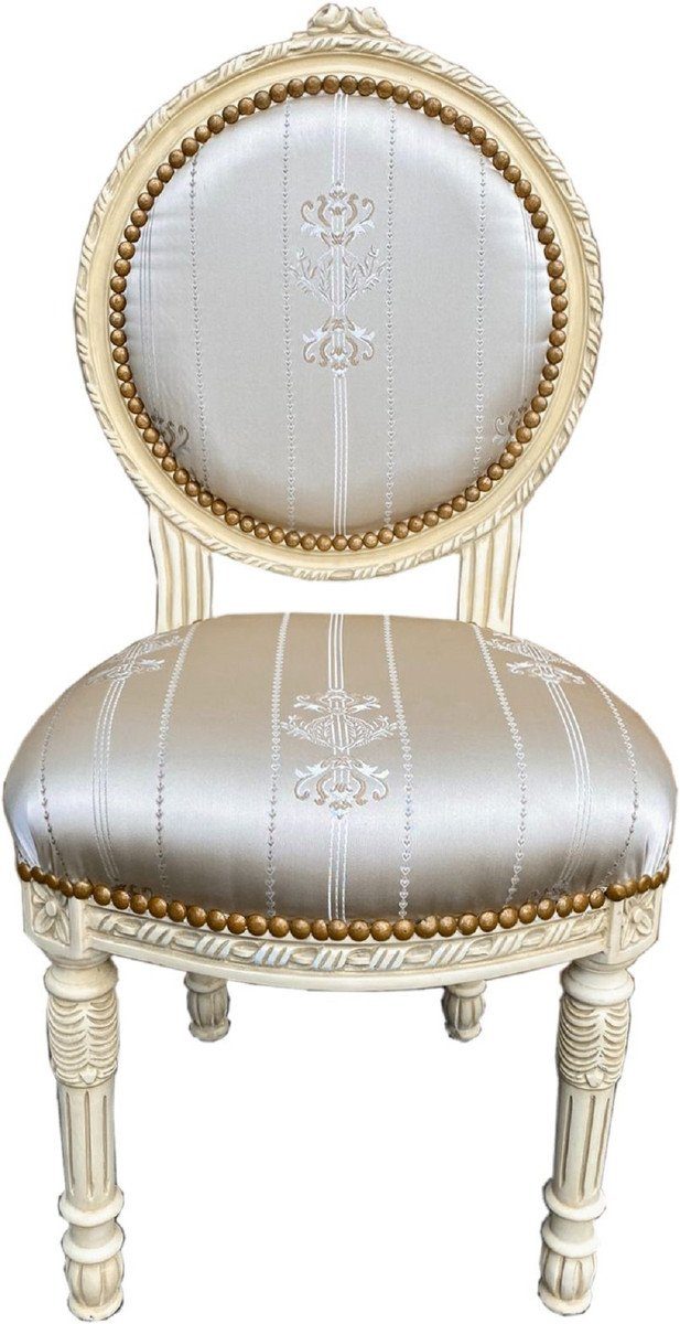 Casa Padrino Besucherstuhl Barock Salonstuhl Creme / Gold - Handgefertigter Antik Stil Stuhl mit edlem Satinstoff und elegantem Muster - Barock Möbel
