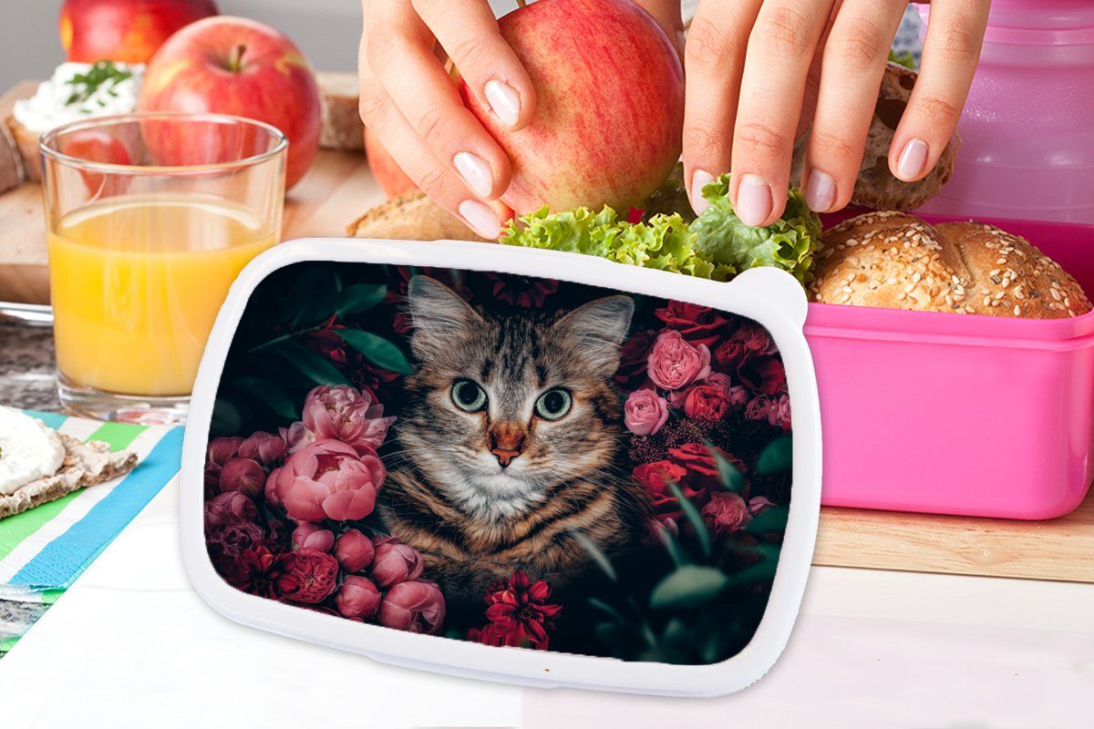 MuchoWow Lunchbox Katze - für Blumen Mädchen, (2-tlg), Brotbox Brotdose Erwachsene, rosa Kunststoff - Kinder, Tiere Snackbox, Botanisch, - Kunststoff