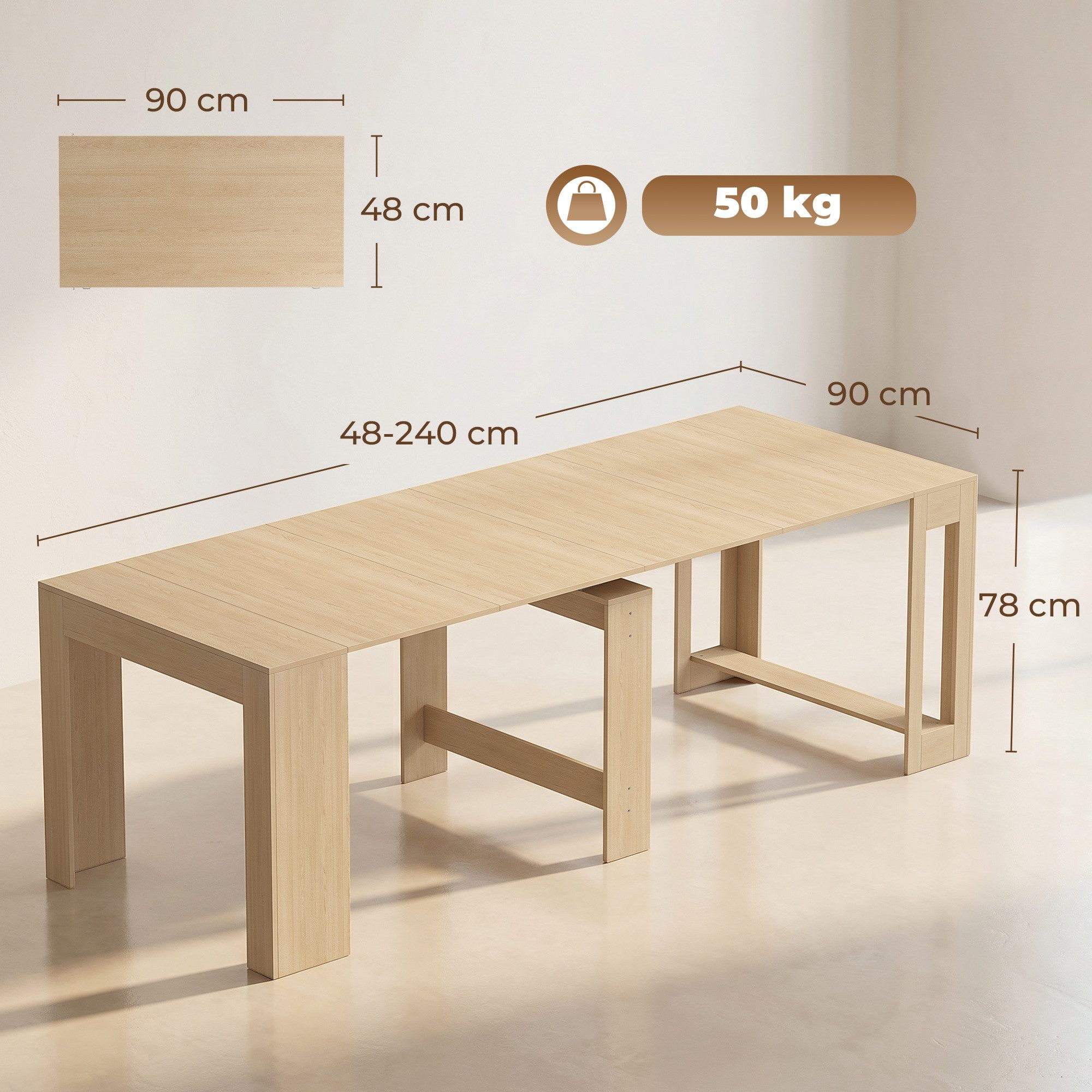HOMCOM Esstisch Ausziehbarer Esszimmertisch 48-240 x 90 cm (Küchentisch, 1-St., 1 Tisch), für bis zu 10 Personen, mit Holzoptik, 4 Erweiterungsplatten