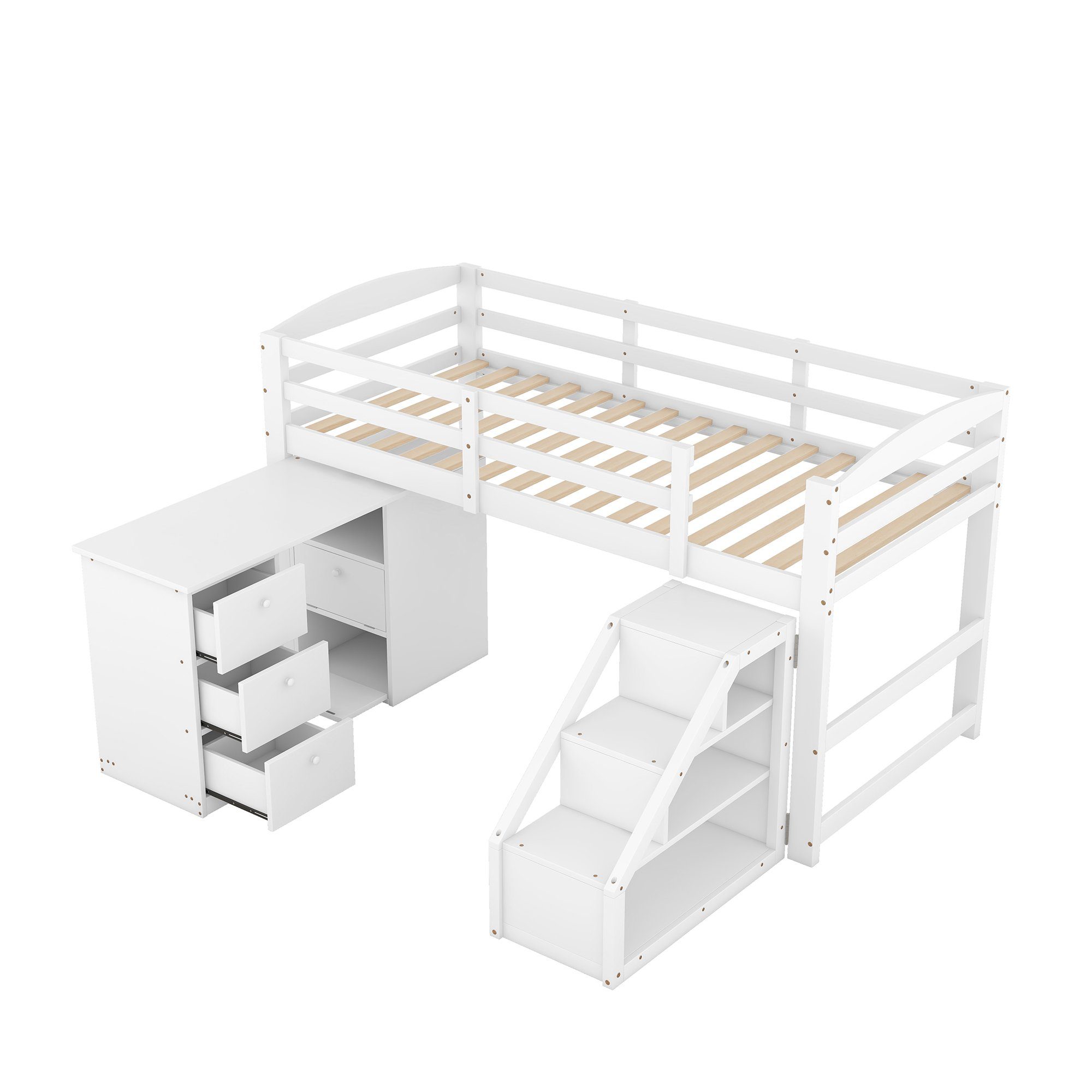 Treppe, Hochbett WISHDOR Kinderbett und 90 (mit Matratze weiß), 200cm Ohne Einzelbett x Gästebett Bett Multifunktionsschreibtisch integriertem Funktionsbett