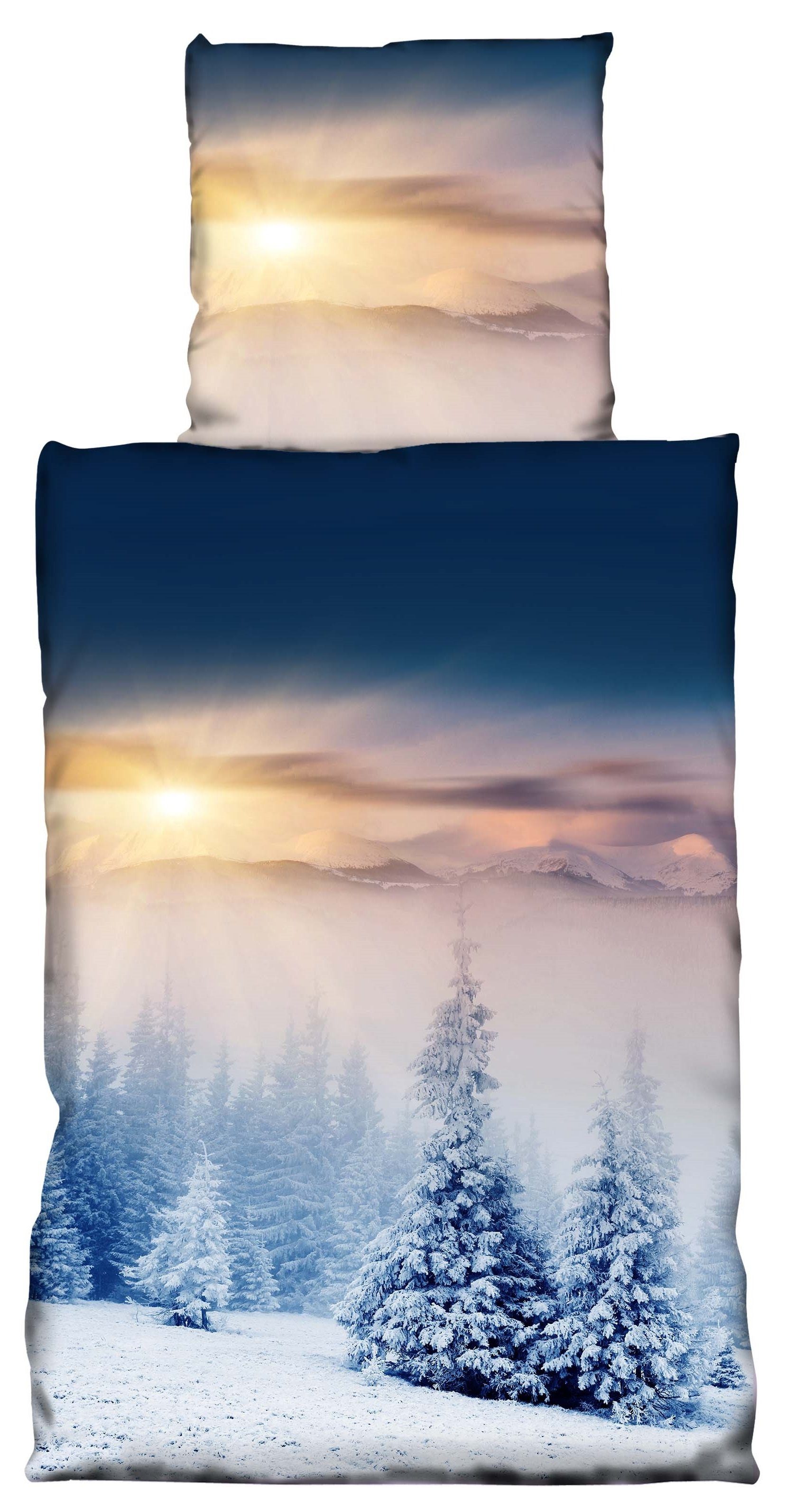 One Home Bettwäsche Winter Landschaft, Fleece, 4 teilig, Berge und Schnee, kuschelig flauschig warm weich Winter