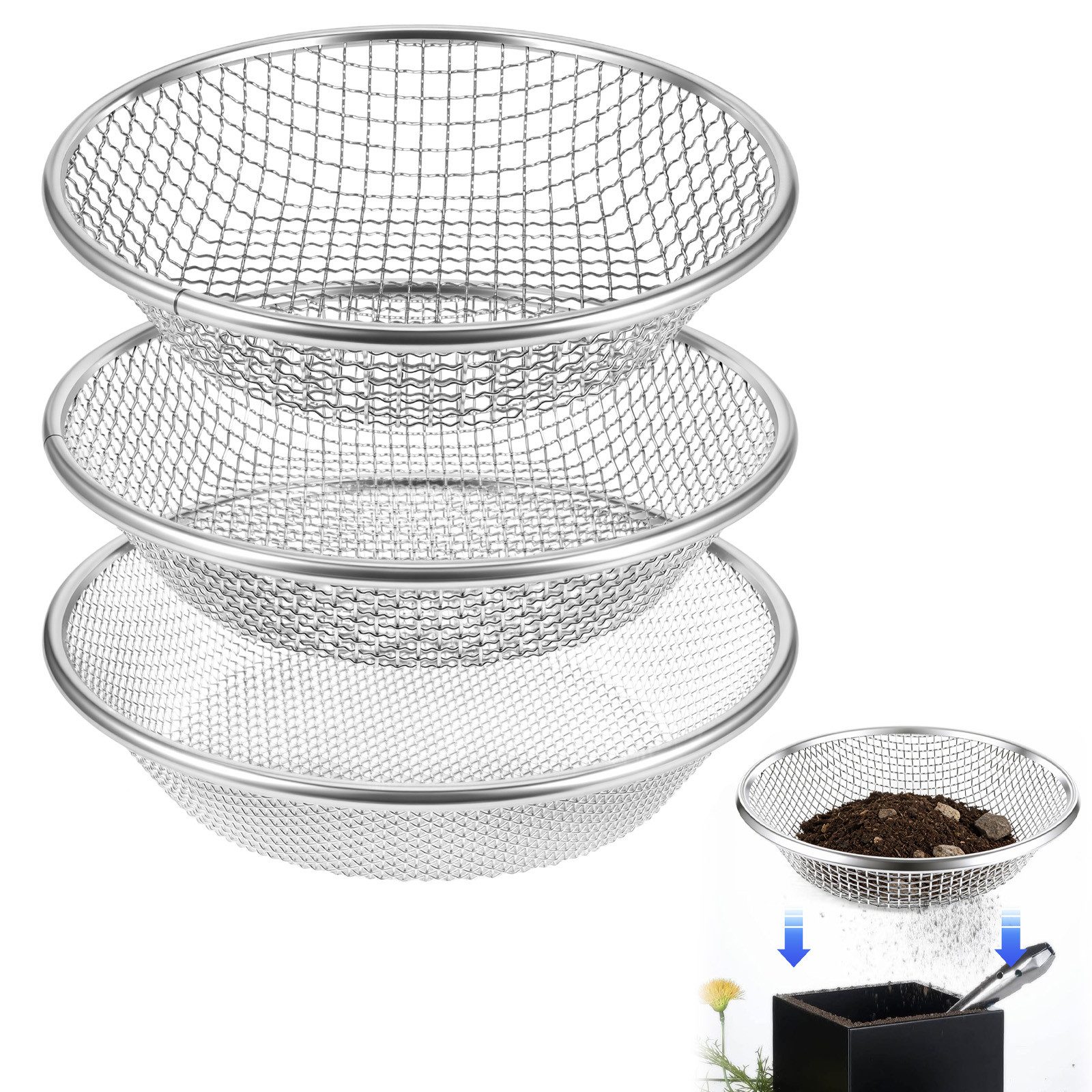 BlingBin Gartensieb 3mm, 6mm, 10mm Kompostsieb aus Edelstahl für Erde, Kompost, Saatgut, Edelstahl, (3er Set, 3-St., Produktabmessungen: 30 × 30 × 6,8 cm), Rundes Erdsieb Sandsieb Durchwurfsieb für Gartenarbeit & Kompostieren