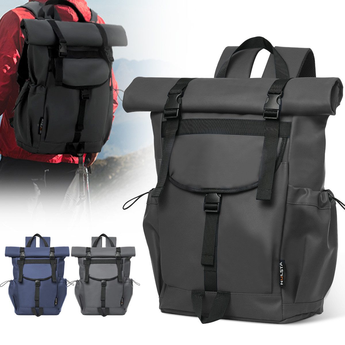 NULSTA Laptoprucksack Rolltop Rucksack Wasserdicht Herren Damen Rucksack mit Computerfach (Laptoprucksack), Großer Sportrucksack Schulrucksack Cityrucksack Reiserucksack