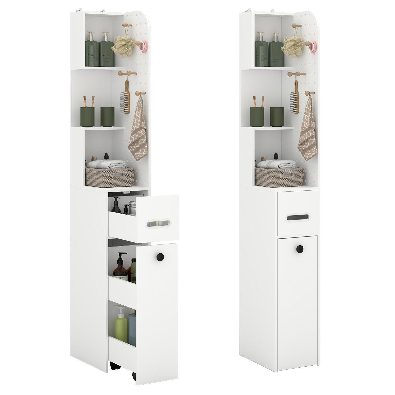 Puluomis Badkommode Badezimmerschrank mit Schubladen, Lochwand, Hochschrank schmal, 35x24x165 cm, Aufbewahrungsschrank für Bad, Küche