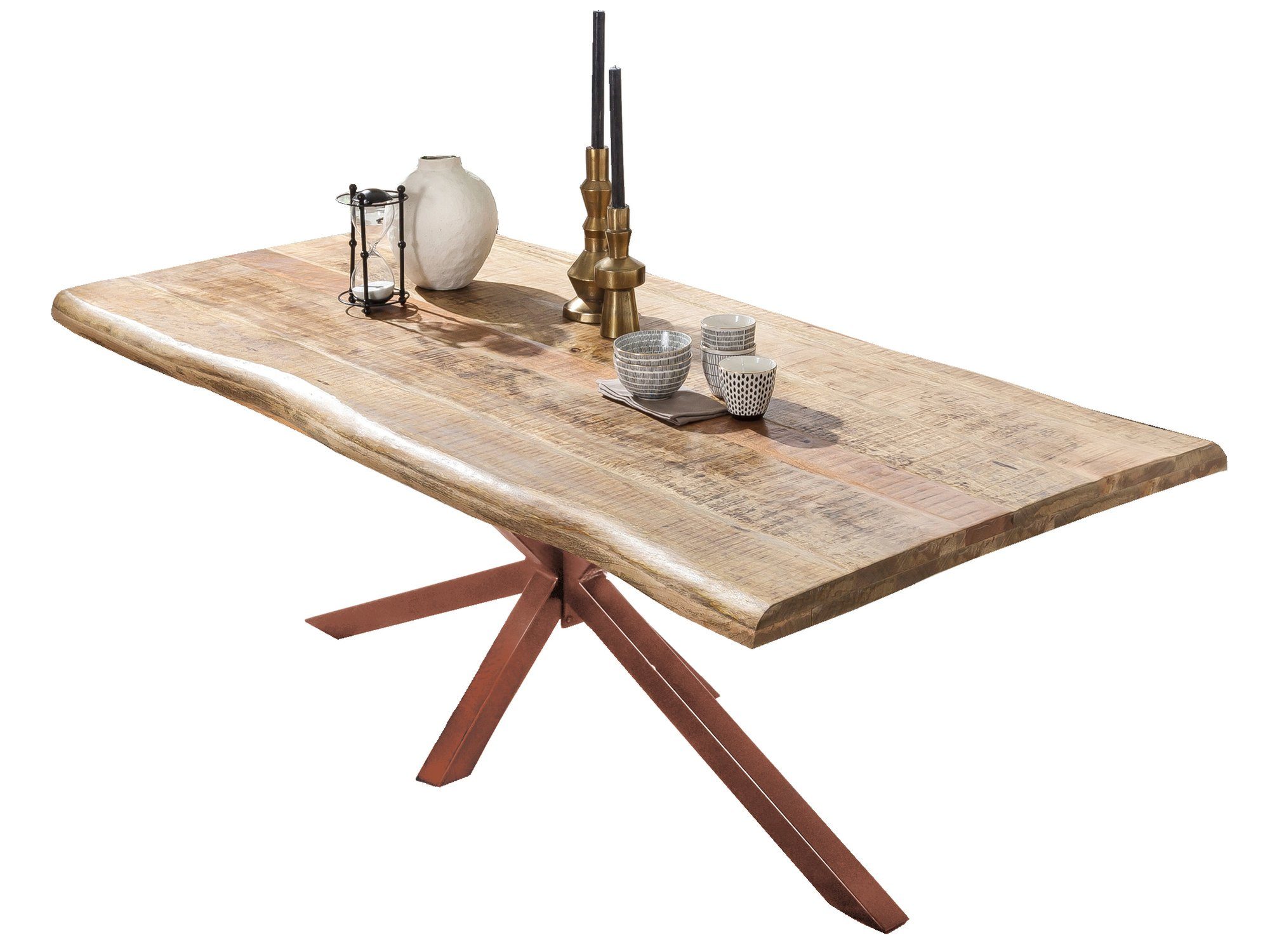 TPFLiving Tisch Esstisch 160x90cm Nestos antik-braun Baumkantentisch Plattenstärke gewachsen Baumkantentisch massiv), Mango, Platte Desinger Platte Gestell natur, 56 Gestell antik-braun Baumkante - Luxus - mm - Metall | - wie - Baumkantentisch (mit antikbraun,