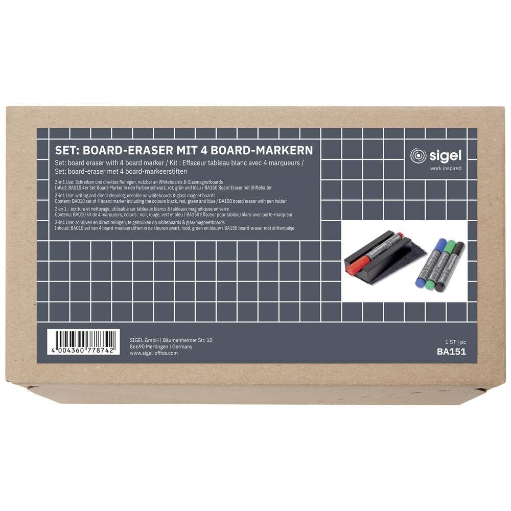 Sigel Magnettafel Set: Board-Eraser mit 4 Board-Markern - magnetisch - 13 x 6 BA151