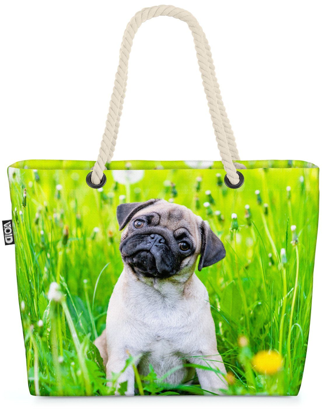 VOID Strandtasche (1-tlg), Kleiner Mops Beach Bag Mops Haustier Spielzeug Leine Hündchen Tier Liebling