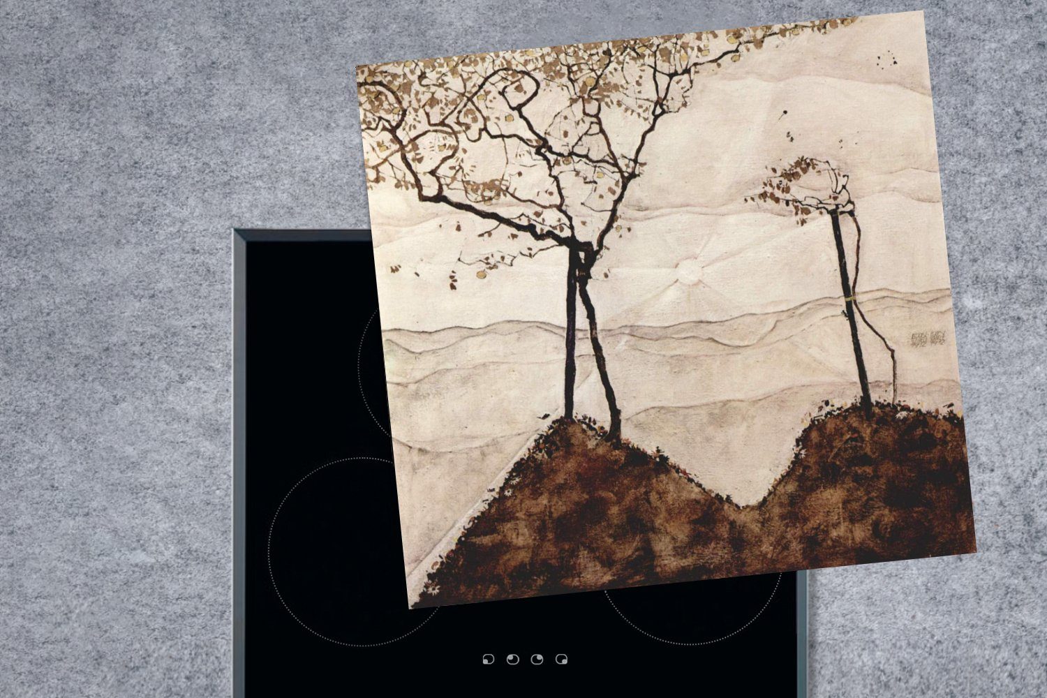 (1 - cm, und 78x78 Vinyl, Herdblende-/Abdeckplatte Herbstsonne Schiele, Arbeitsplatte küche Bäume Ceranfeldabdeckung, tlg), für MuchoWow Egon