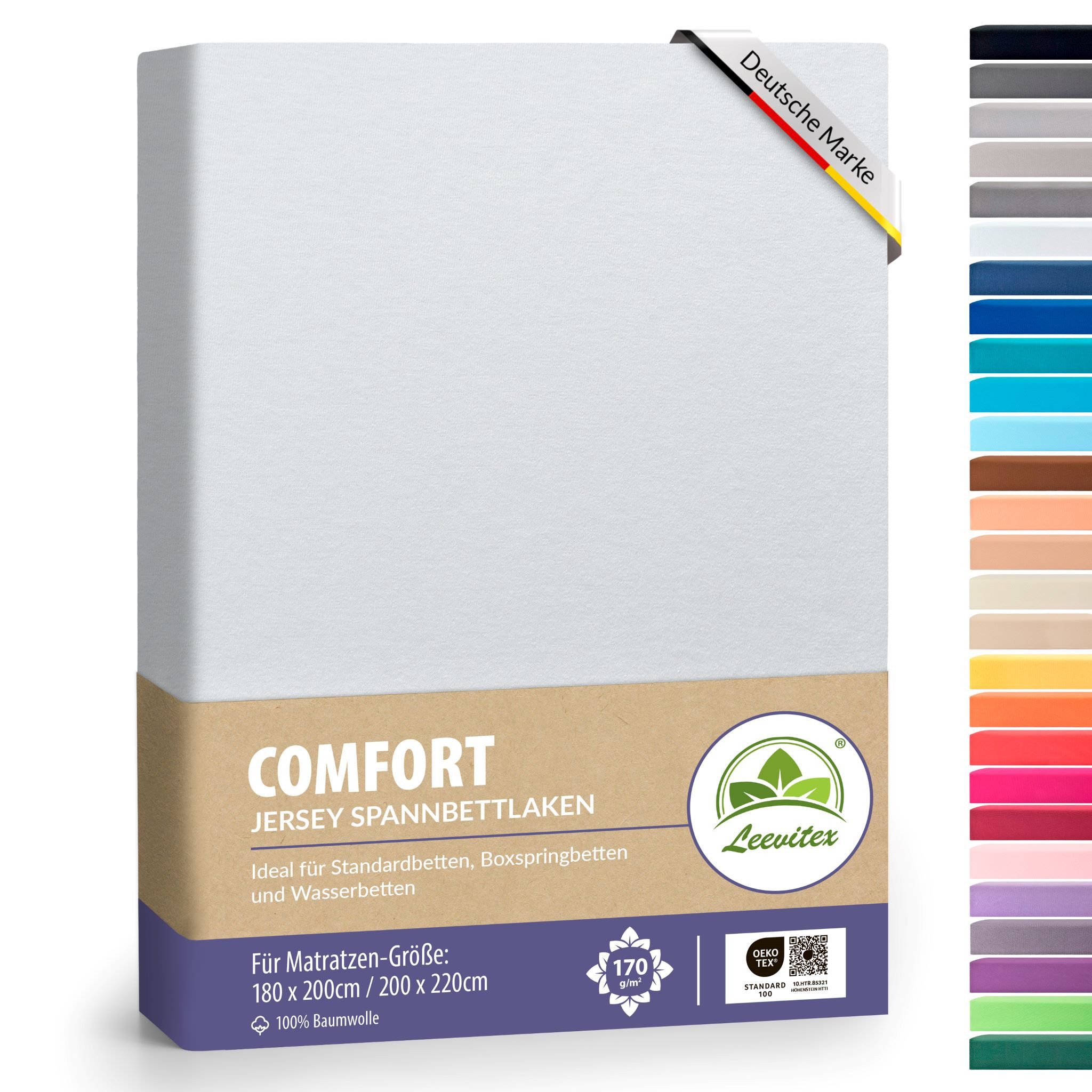 leevitex® Spannbettlaken verschiedene Größen, Stoffgewicht 170 g/m², 40 cm Steghöhe, Jersey, Gummizug: rundum, (1 Stück), verschiedene Farben, OEKO-TEX® STANDARD 100 zertifiziert
