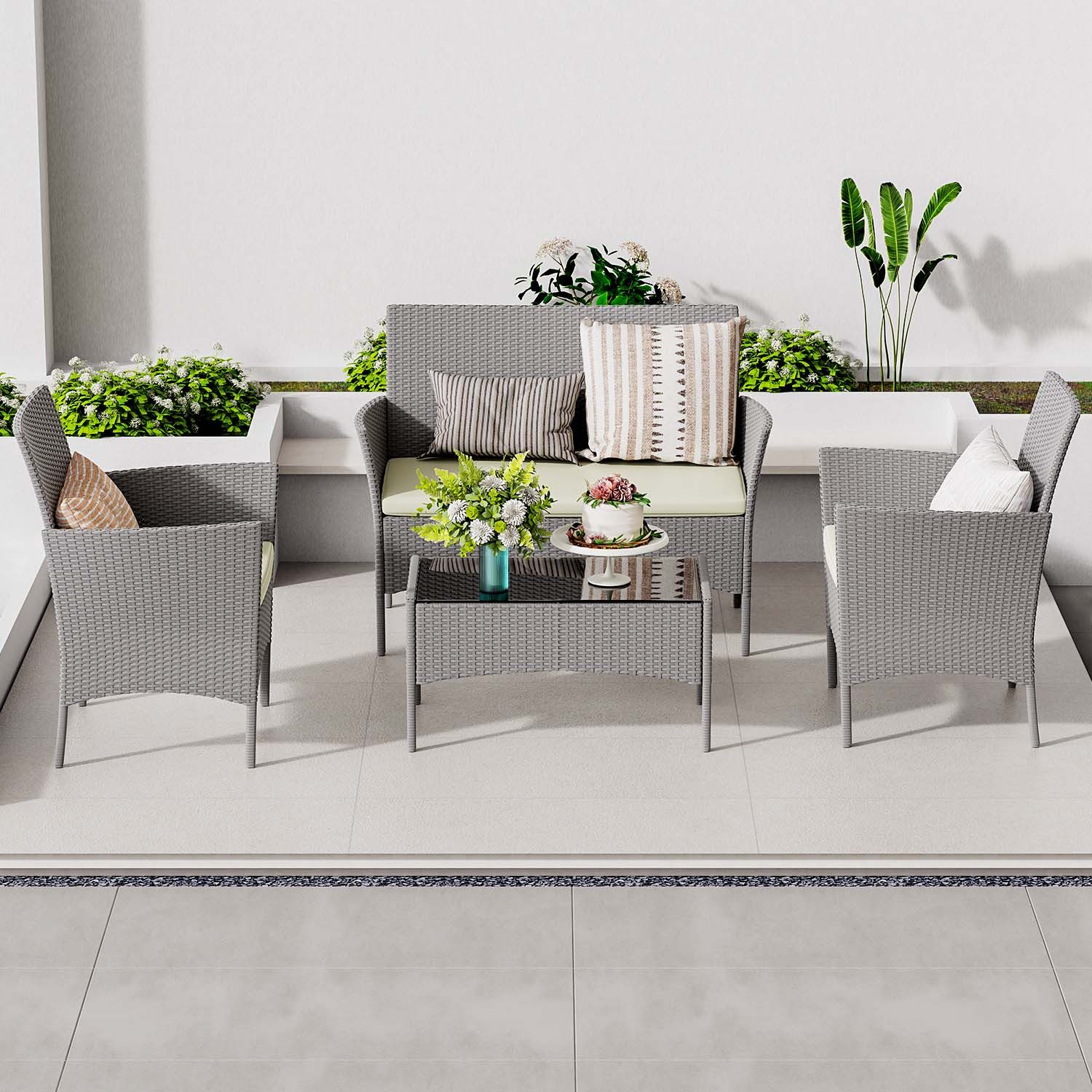 Gywowken Gartenlounge-Set 4-teilig - Wetterfeste Polyrattan Sitzgruppe für 4 Personen, (Set, 1 Sofa, 2 Sessel, 1 Tisch), Gartenmöbel-Set für 4 Personen, inklusive 1 Sofa, 2 Sessel, 1 Tisch
