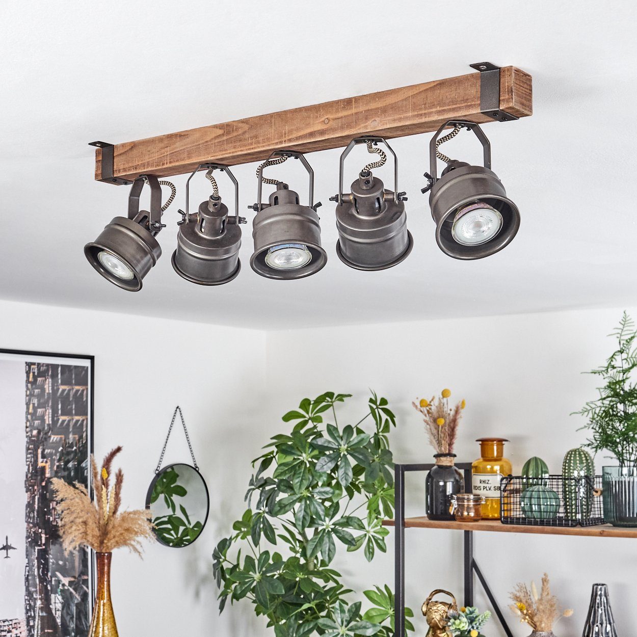 hofstein Deckenleuchte moderne Deckenlampe aus Holz/Metall in Braun/Schwarz, ohne Leuchtmittel, mit Holzbalken und verstellbaren Schirmen, 5x GU10 – Bild 2 von 5