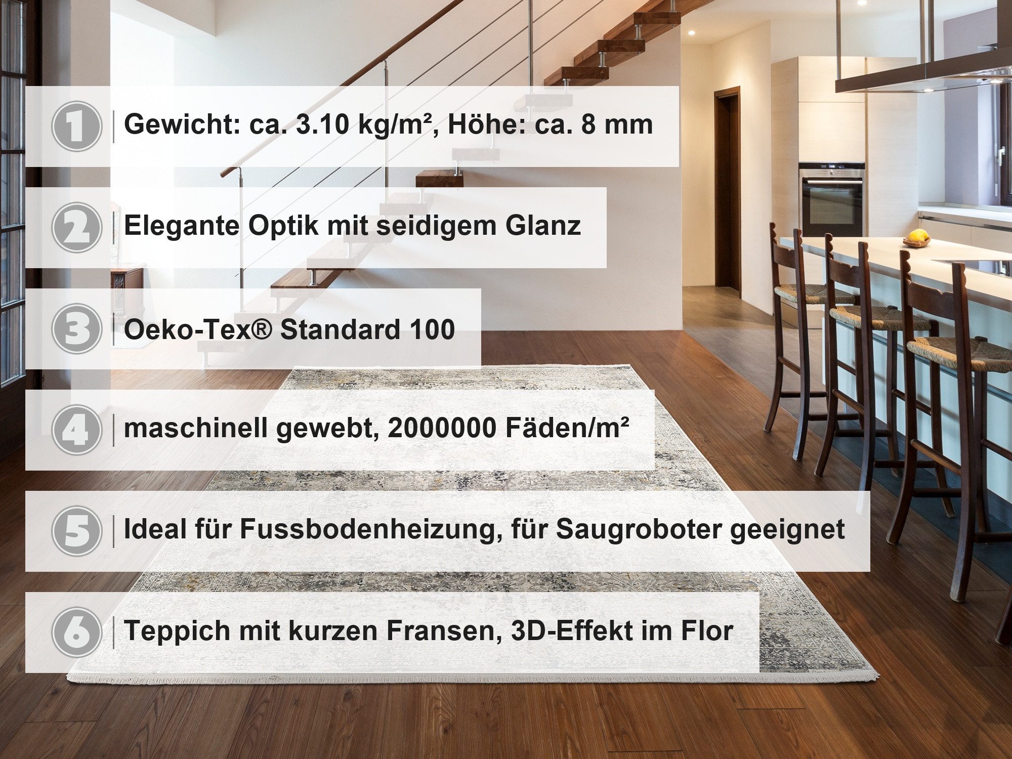 OCI DIE TEPPICHMARKE Teppich BESTELLER CAVA, auch als Läufer und in Rund, rechteckig, Höhe: 8 mm, Glanz Viskose, mit Fransen, Hoch Tief Struktur, Vintage, Wohnzimmer