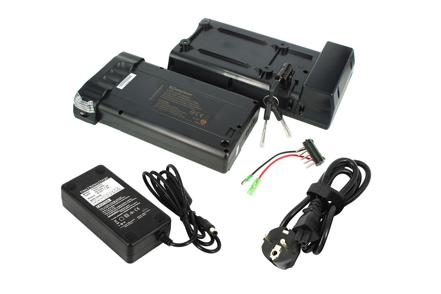 PowerSmart YJ041003 E-Bike Akku 10,5Ah Zellen, Ladegerät, Halterung und Li-ion Elektrofahrrad mAh V) (36 mit Panasonic 10500
