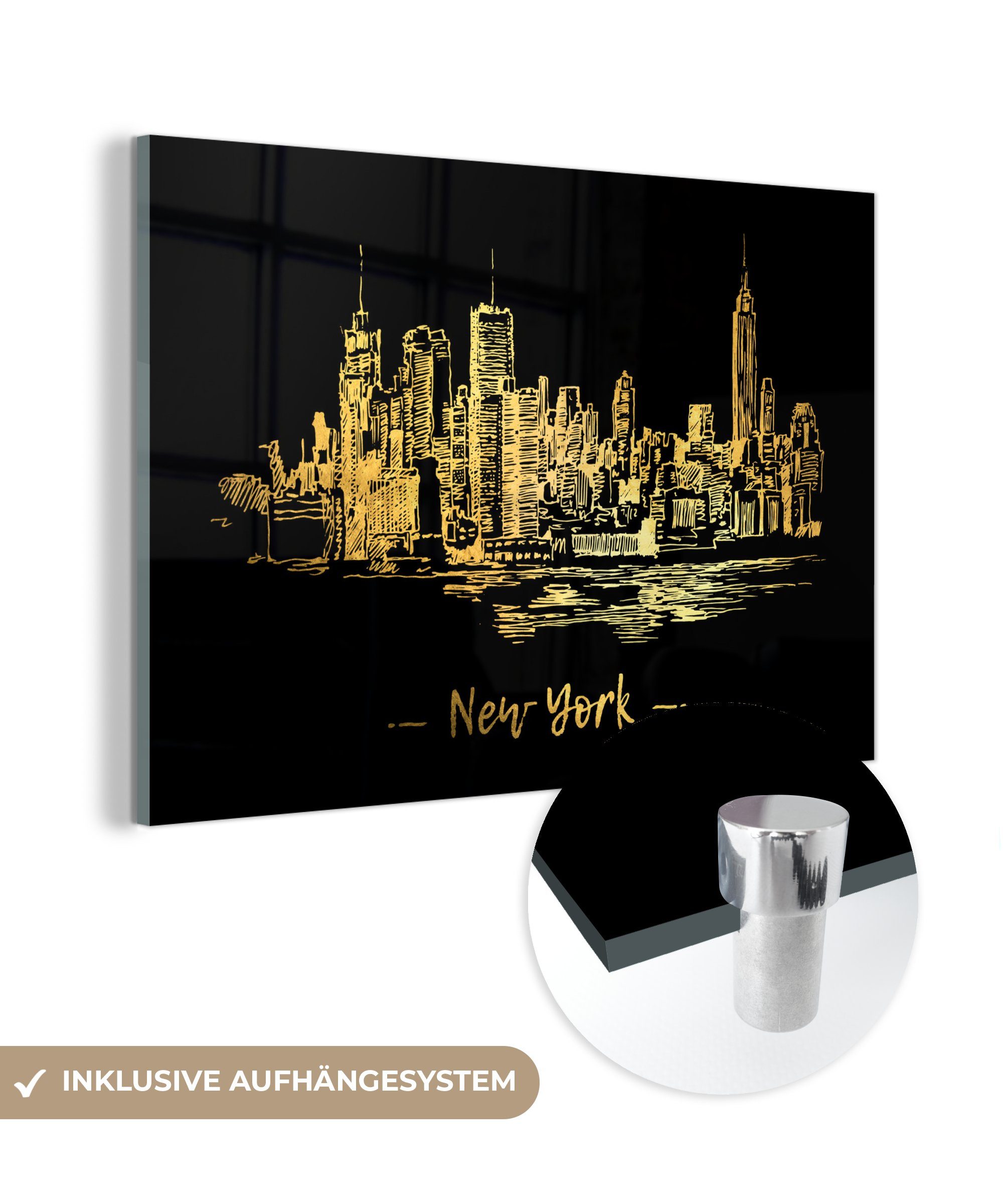MuchoWow Acrylglasbild New York - Skyline - Gold, (1 St), Acrylglasbilder Wohnzimmer & Schlafzimmer