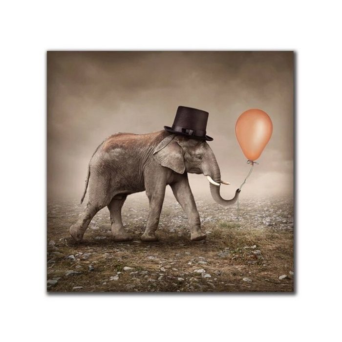TPFLiving Kunstdruck (OHNE RAHMEN) Poster - Leinwand - Wandbild Lustiger Elefant mit Hut und Luftballon in braun (Verschiedene Größen) Farben: Leinwand bunt - Größe: 20x20cm