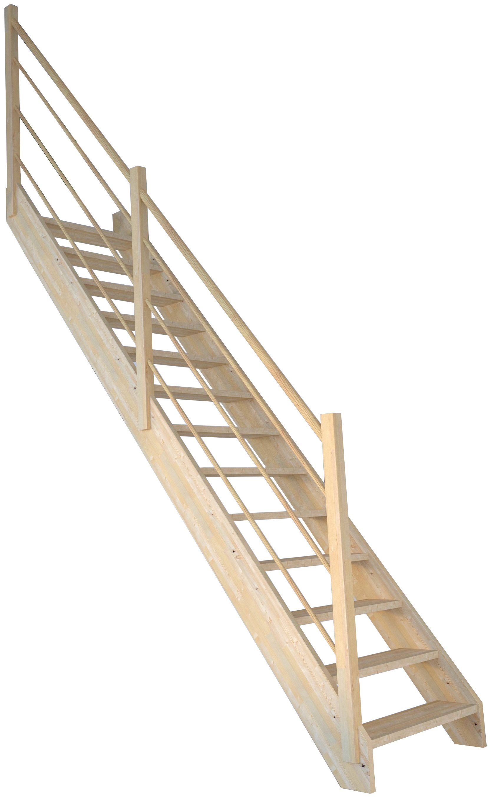 Stufen Starwood bis Geschosshöhen Durchgehende 300 Holz-Holz Geländer Raumspartreppe Korfu, für offen, cm, Wangenteile Massivholz Links, Design