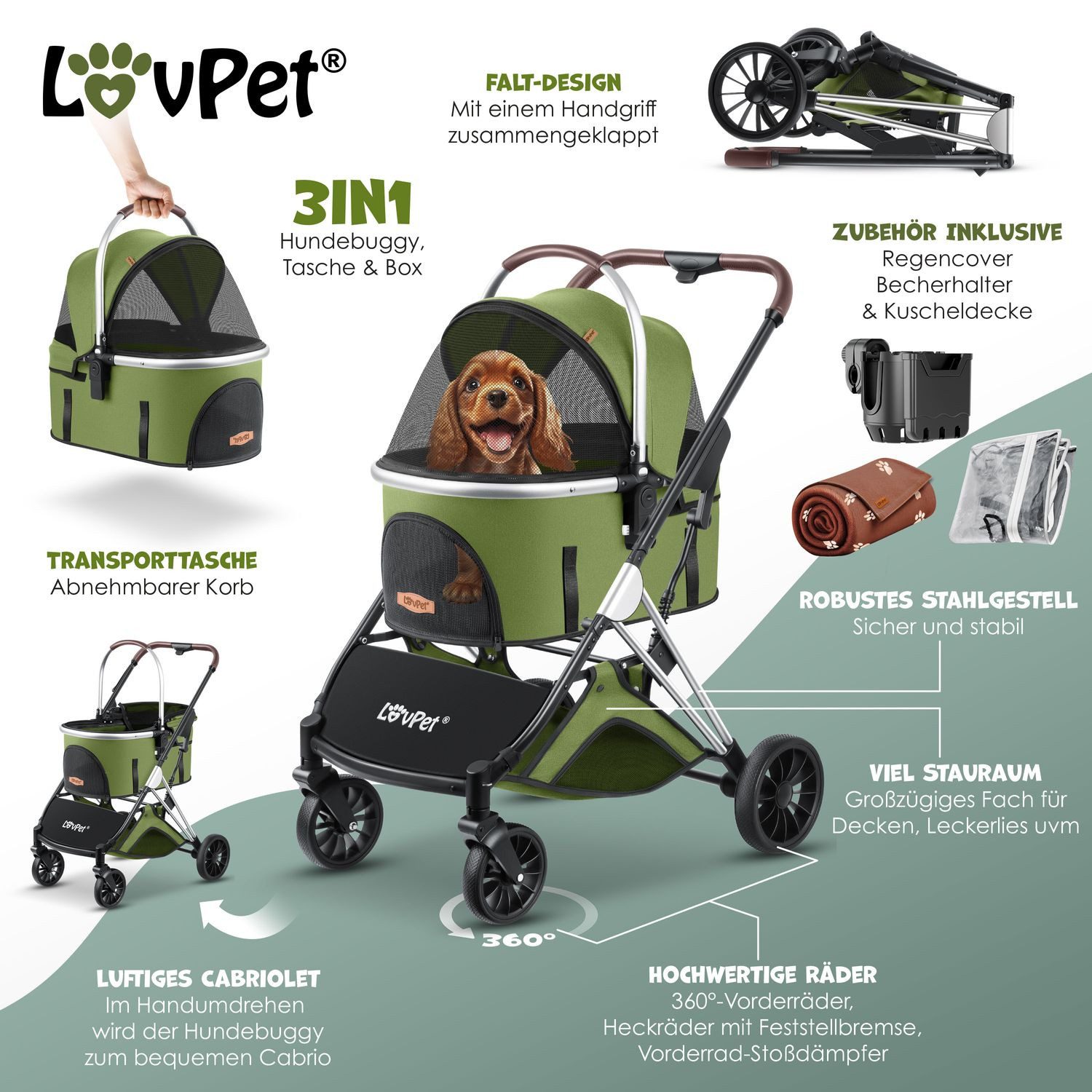 Lovpet Hundebuggy 3in1 Hundewagen max. bis 20kg Buggy für Haustiere, (Hunde günstig online kaufen