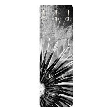 Bilderdepot24 Garderobenpaneel schwarz-weiß Blumen Floral Retro Vintage Design Pusteblume Design (ausgefallenes Flur Wandpaneel mit Garderobenhaken Kleiderhaken hängend), moderne Wandgarderobe - Flurgarderobe im schmalen Hakenpaneel Design