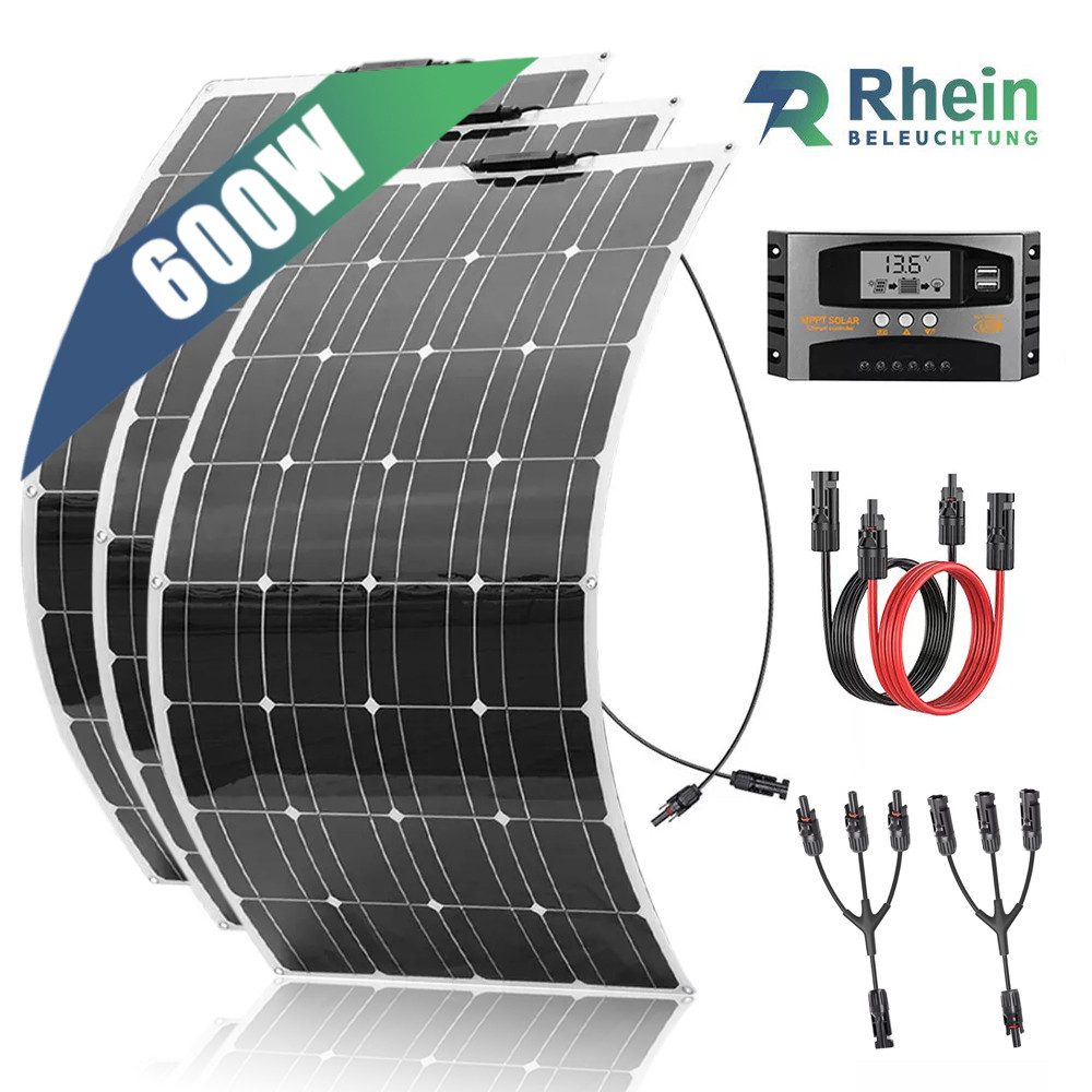 Rhein Beleuchtung Solarmodul 600W Solarpanel Flexibel 12V – Solar Panel Camping Set für Wohnmobil, 600 W, Monokristallin, (3×200W Module mit Regler, Y-Verteiler & Kabel – plug & play Lösung), Leicht, biegsam & wetterfest – ideal für Dach, Boot & Outdoor-Einsatz