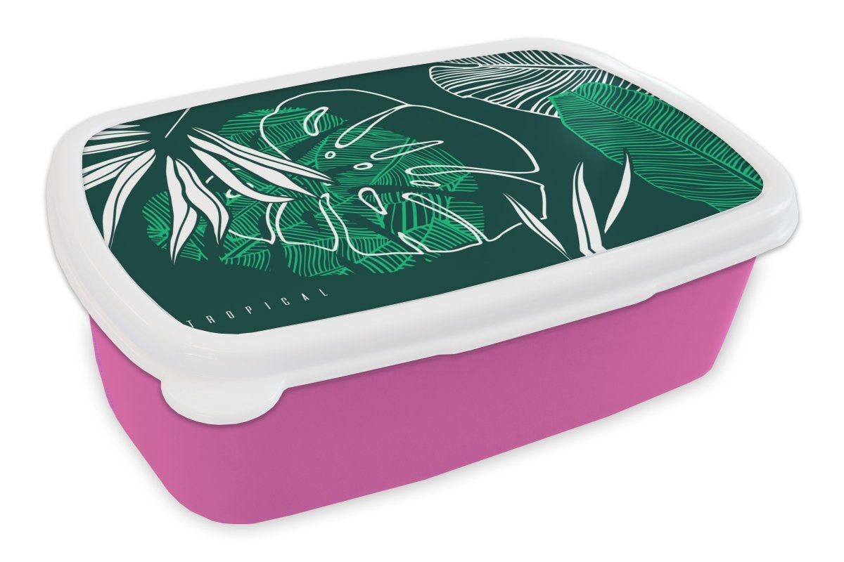 MuchoWow Lunchbox Dschungel - Blätter - Grün - Weiß - Junge - Mädchen - Kind, Kunststoff, (2-tlg), Brotbox für Erwachsene, Brotdose Kinder, Snackbox, Mädchen, Kunststoff rosa