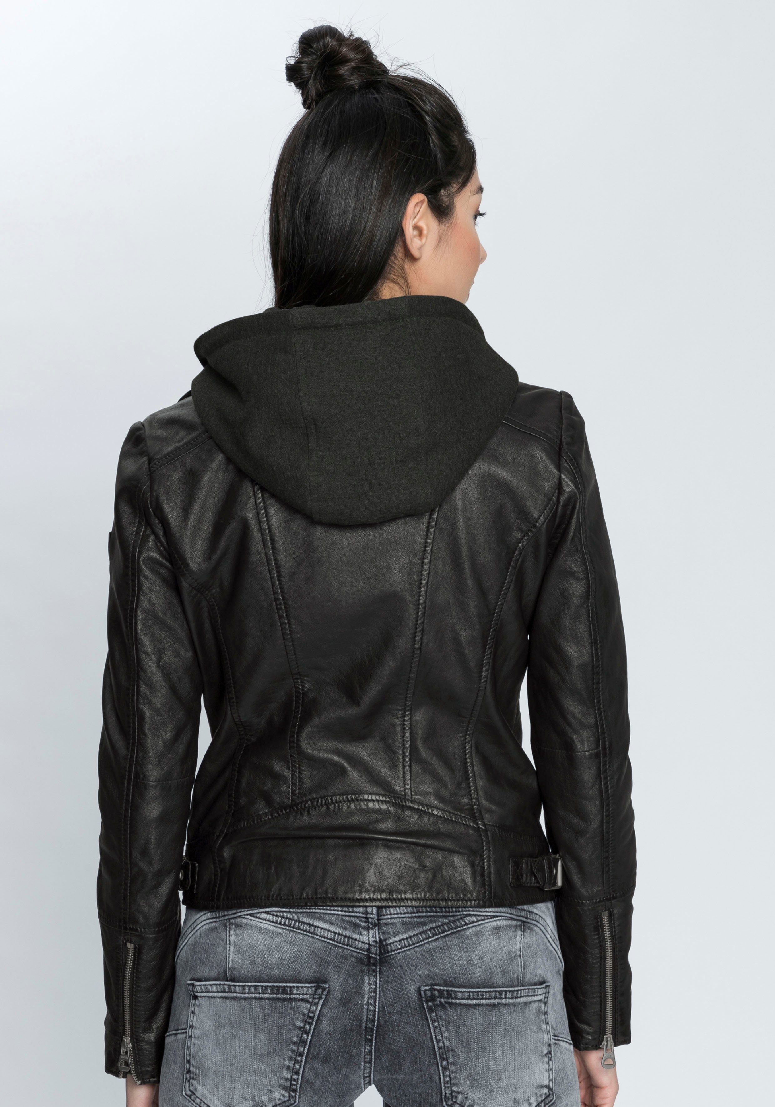 Jersey-Kapuze abnehmbarer mit Gipsy black 2-in-1-Bikerjacke ELA coole Lederjacke