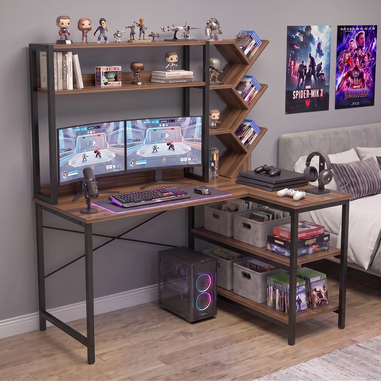 Patbrela Eckschreibtisch L-form mit Bücherregal 130 cm Computertisch, viel Stauraum, für Homeoffice und Arbeitszimmer