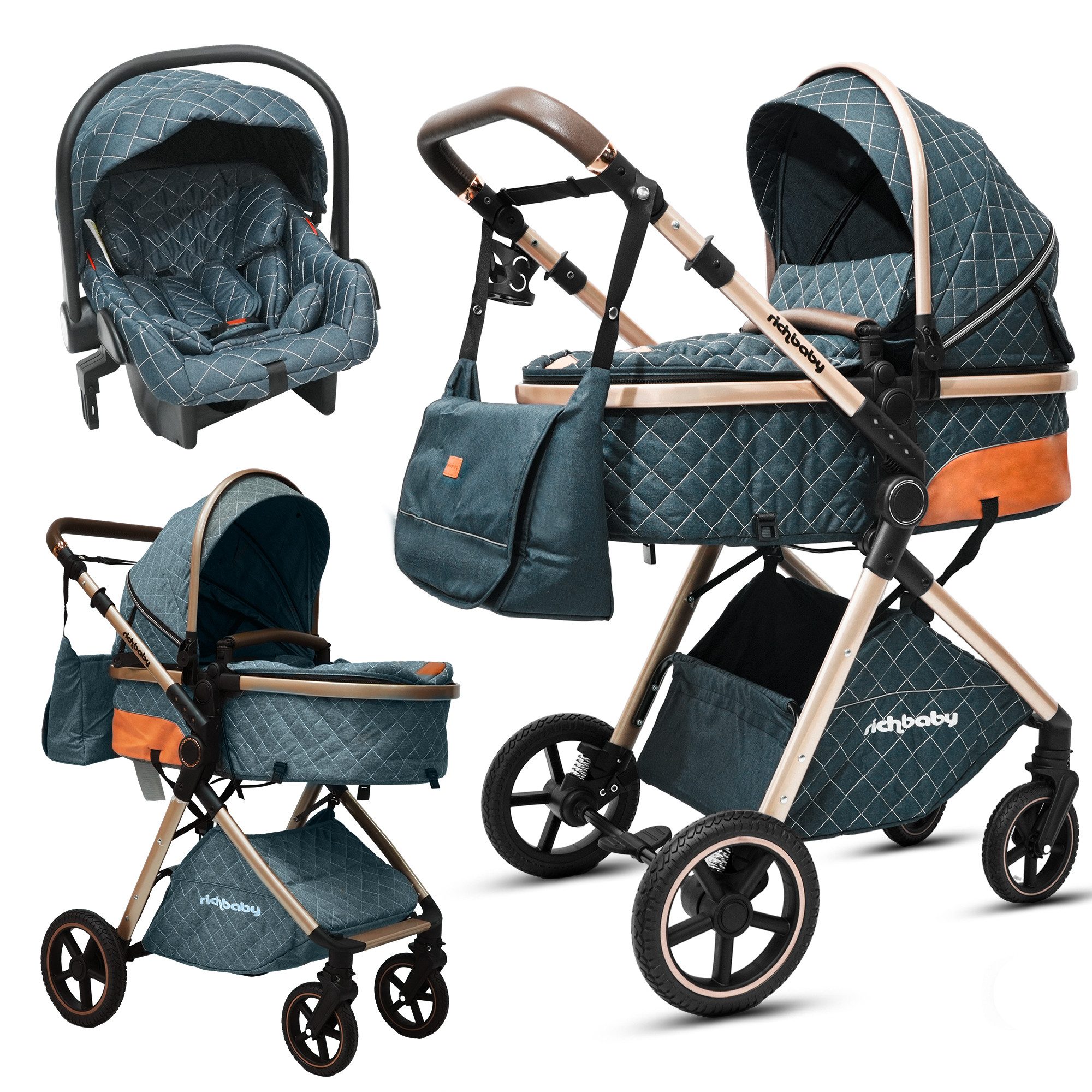 Rich Baby Kombi-Kinderwagen Kombi-Kinderwagen 3-in-1 Set Mit Sportwagen Babywanne & Babyschale, (Verstellbarer Griff + PU-Reifen + Umkehrbarem Liegekorb), Stylischer Buggy Leicht & Kompakt Klappbar Für Stadt & Reise