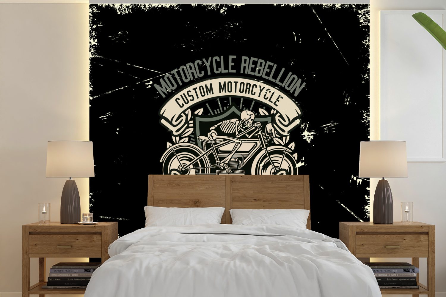 MuchoWow Fototapete Motorrad - Skelett - Retro, Matt, bedruckt, (5 St), Vinyl Tapete für Wohnzimmer oder Schlafzimmer, Wandtapete