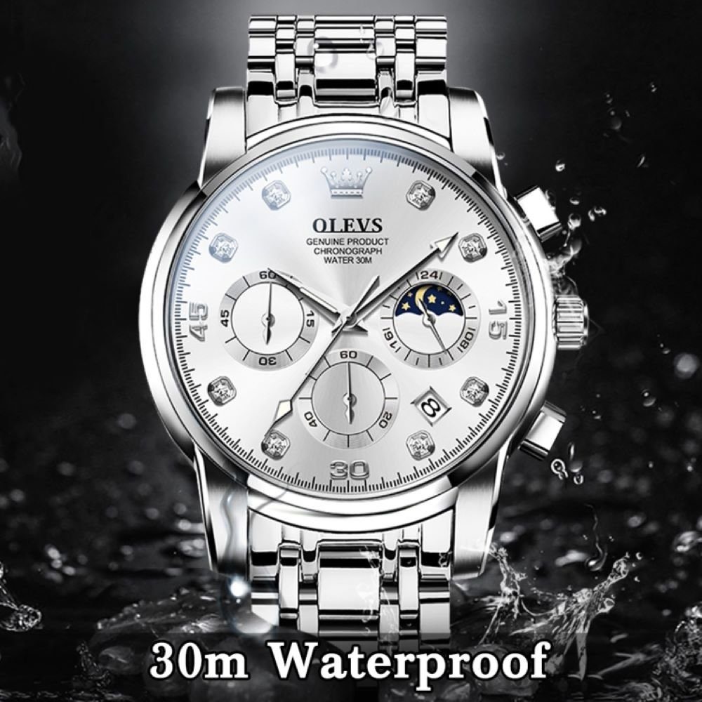 OLEVS Quarzuhr Herrenuhr Olevs Silber/Silber Chronograph Sportlich Edelstah günstig online kaufen