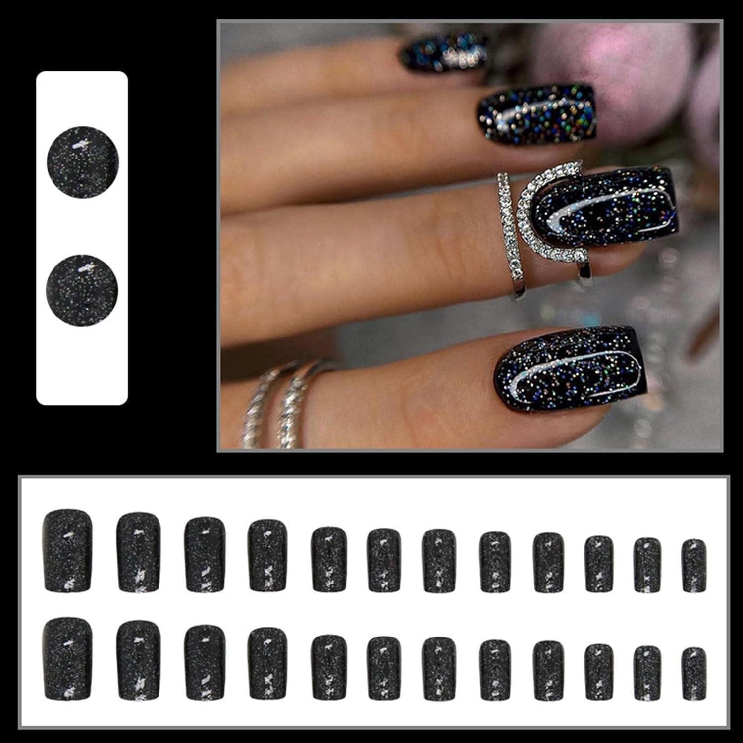 LuxusKollektion Kunstfingernägel 24er Set Acryl Falsche Nägel Schwarz Glitzer Eckig Kurz mit Kleber