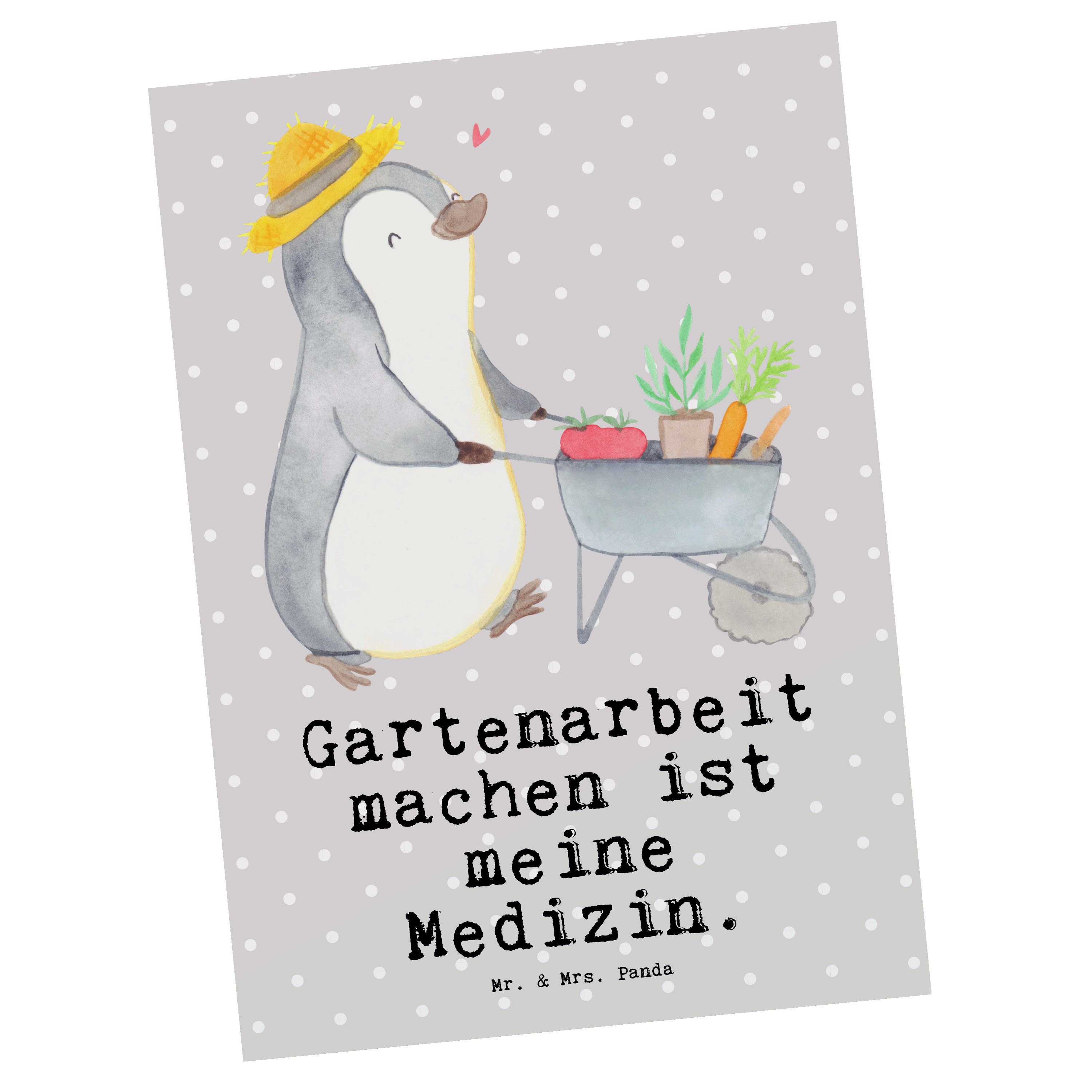 Mr. & Mrs. Panda Postkarte Pinguin Gartenarbeit Medizin - Grau Pastell - Geschenk, Gärtnern, Hob