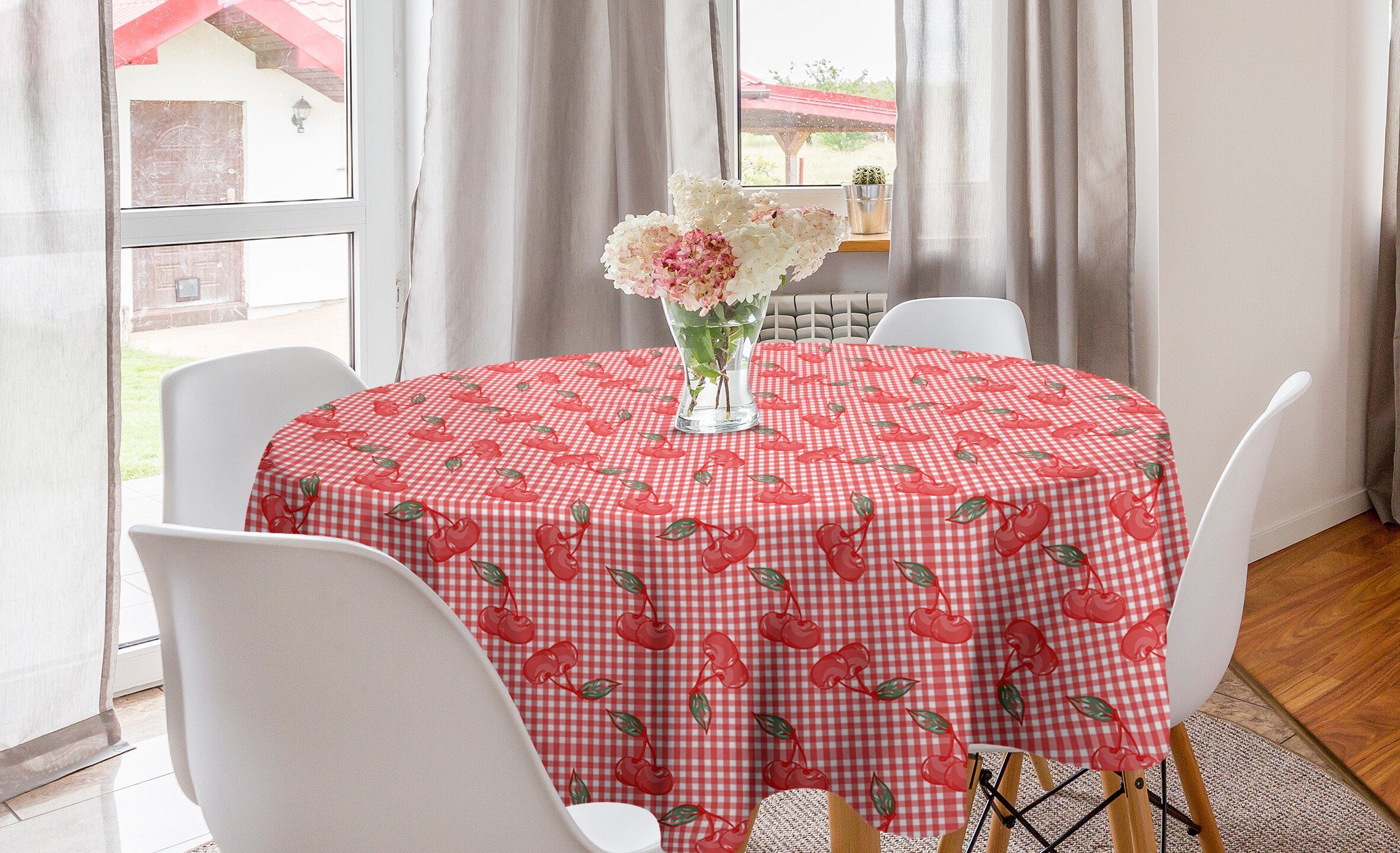 Abakuhaus Tischdecke Kreis Tischdecke Abdeckung für Esszimmer Küche Dekoration, Kirsche Frucht-Gekritzel auf Gingham