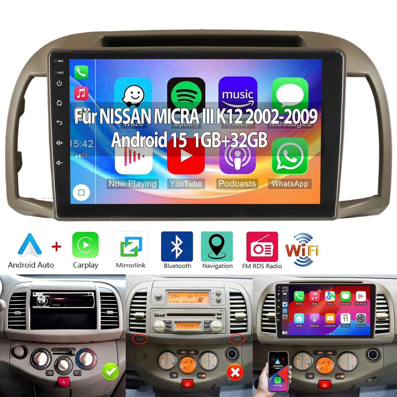 ESSGOO 9" Für NISSAN MICRA III K12 2002-2009 Autoradio Android 15 GPS Navi Autoradio (Digitalradio (DAB), 4+64GB(optional), RDS, AM, FM, Carplay Android Auto Bluetooth EQ USB GPS Navi WIFI Touchscreen)